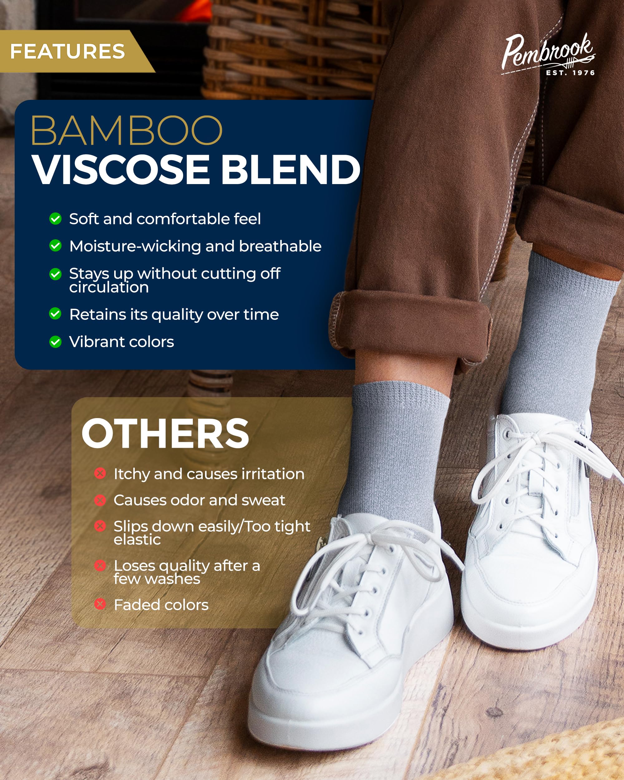 Pembrook moisture-wicking socks on feet illustrating dry, comfortable steps.