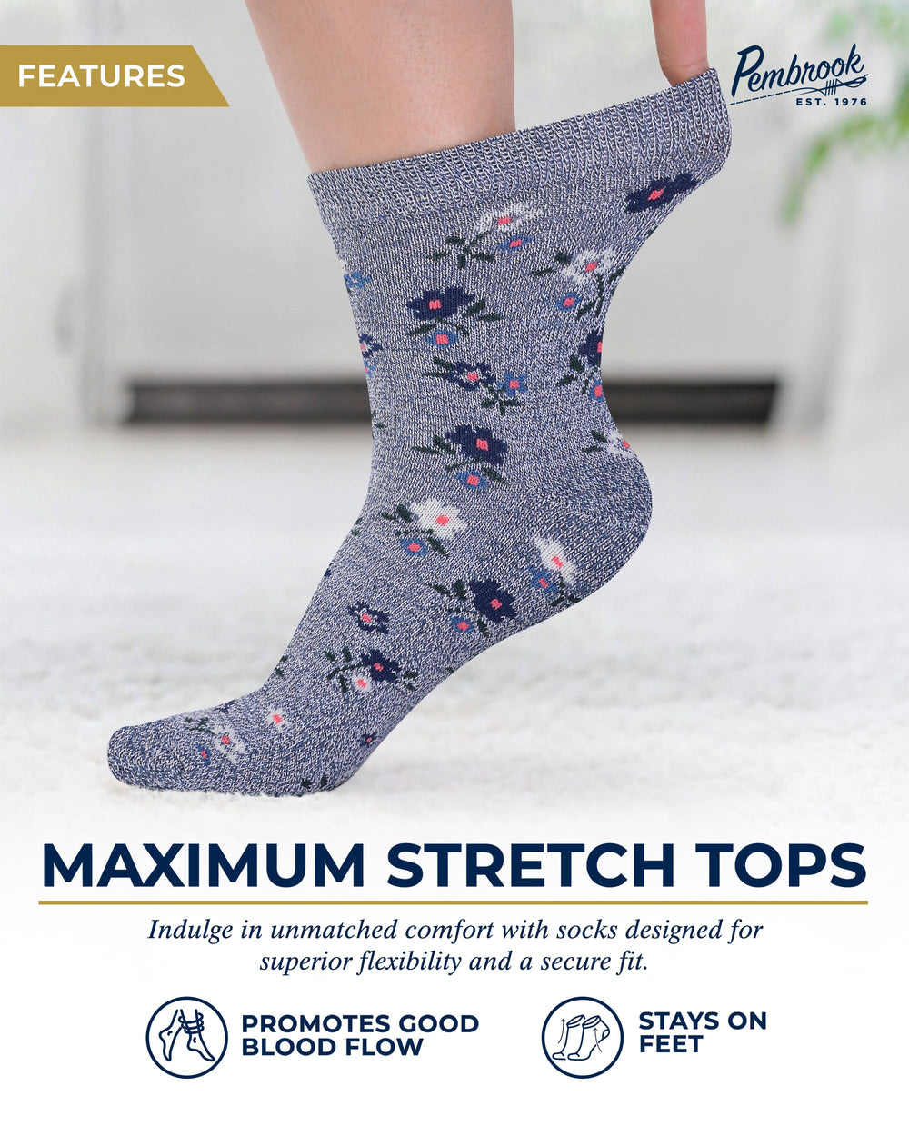 Pembrook diabetic socks with moisture-wicking fabric keep feet dry.
