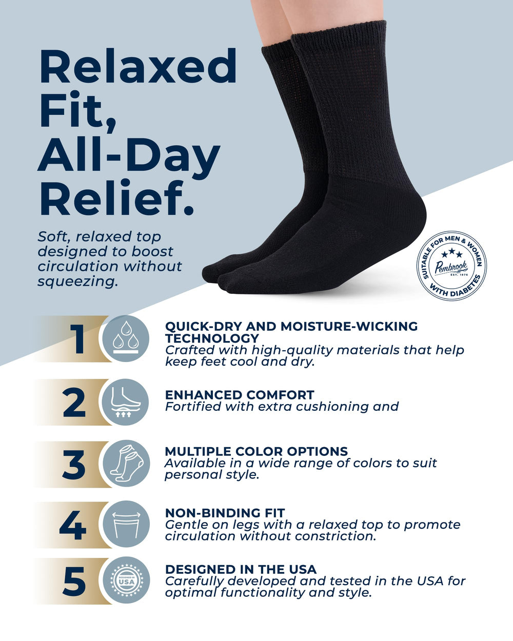 Pembrook diabetic socks with non-binding stretch demonstrating secure, comfortable fit