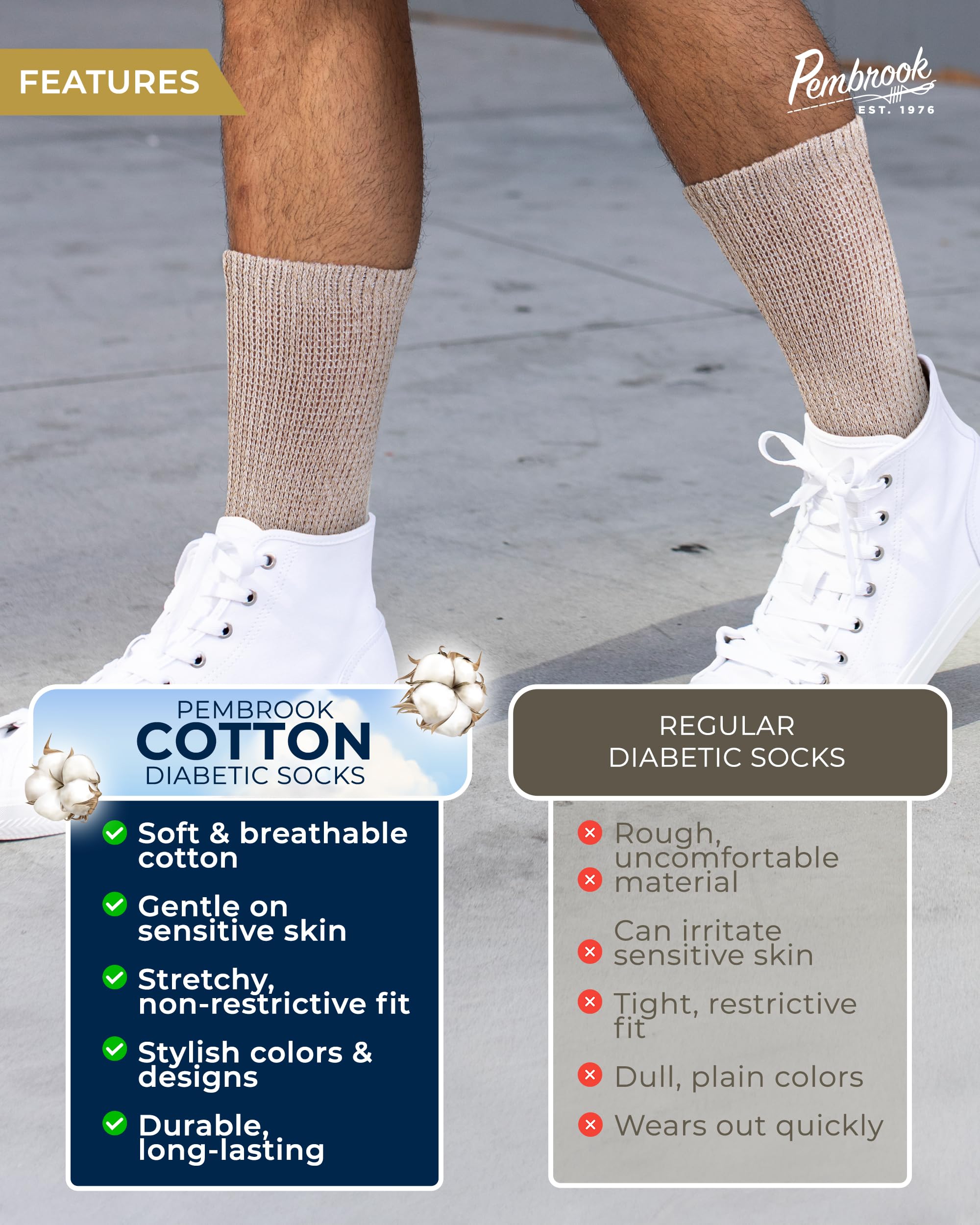 Pembrook diabetic socks with non-binding top for secure, pressure-free wear.