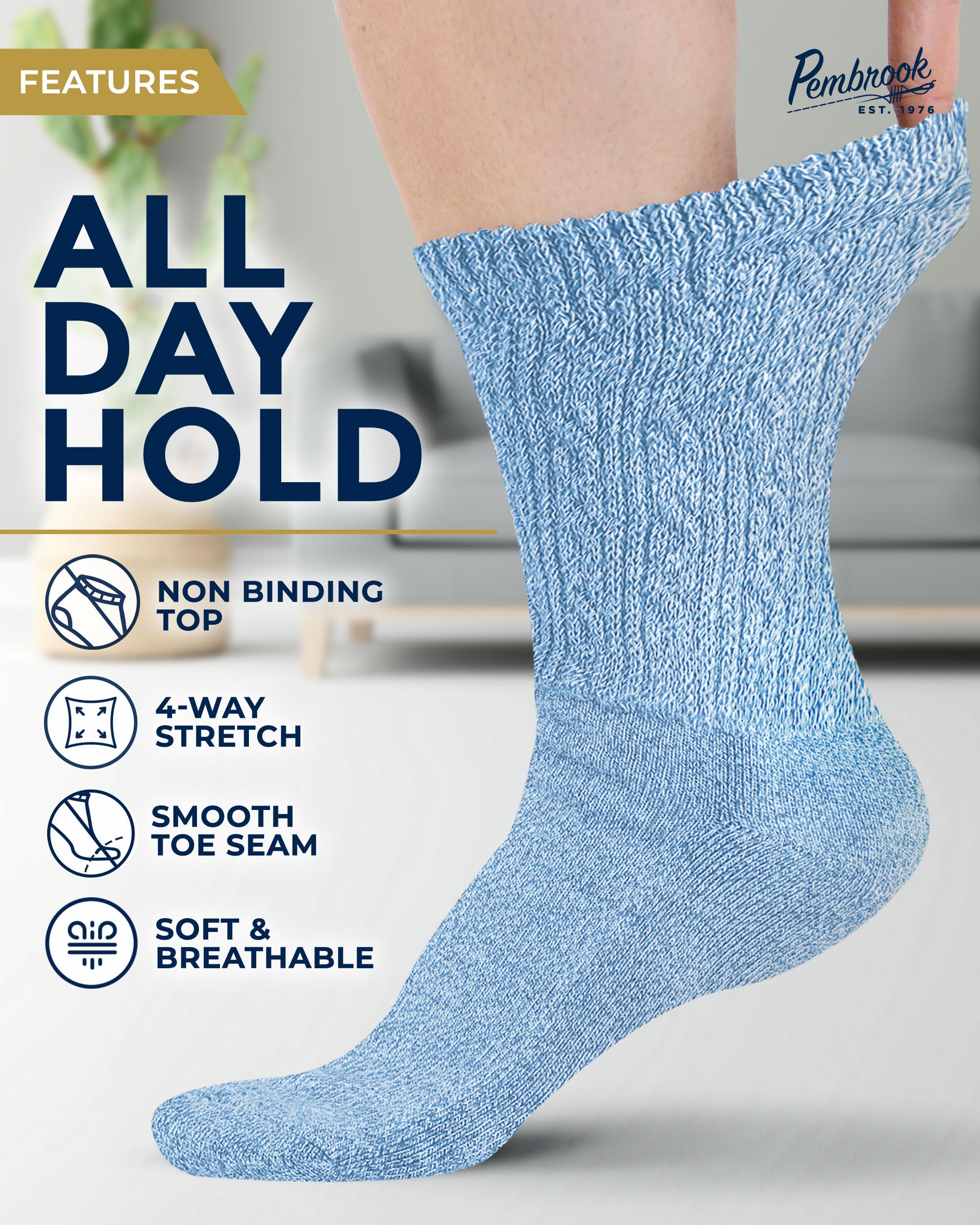 Pembrook diabetic socks non-binding top shown for all-day gentle support.