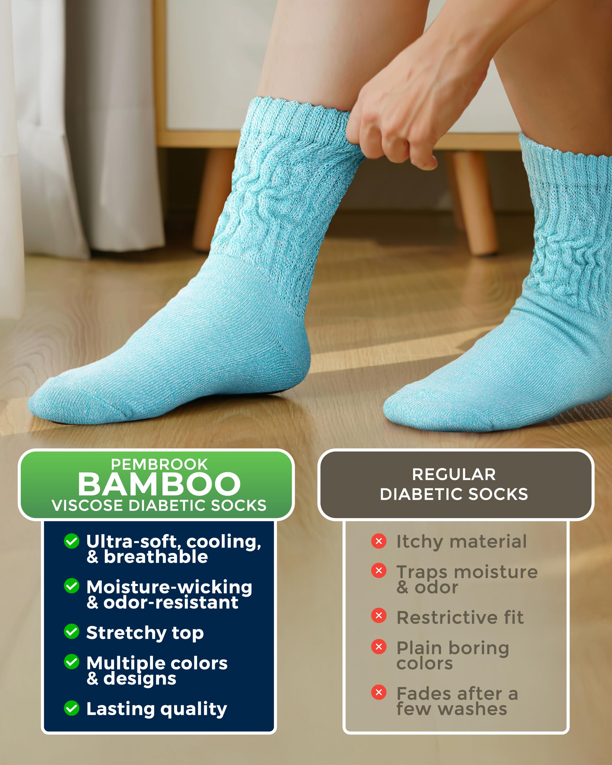 Pembrook non-binding top sock design reduces constriction while staying in place.