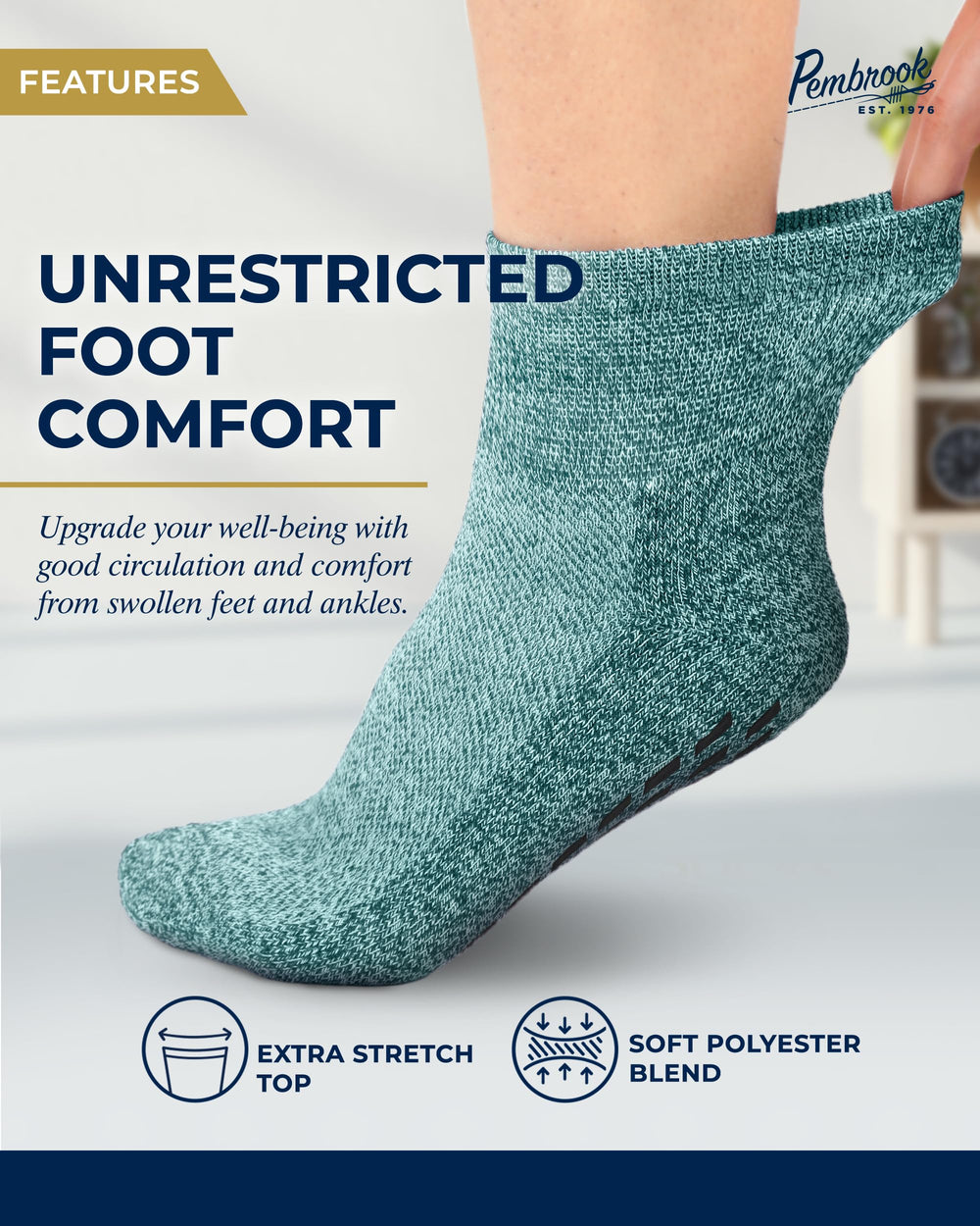 Pembrook diabetic socks with non-slip bottom for safe walking on smooth surfaces.