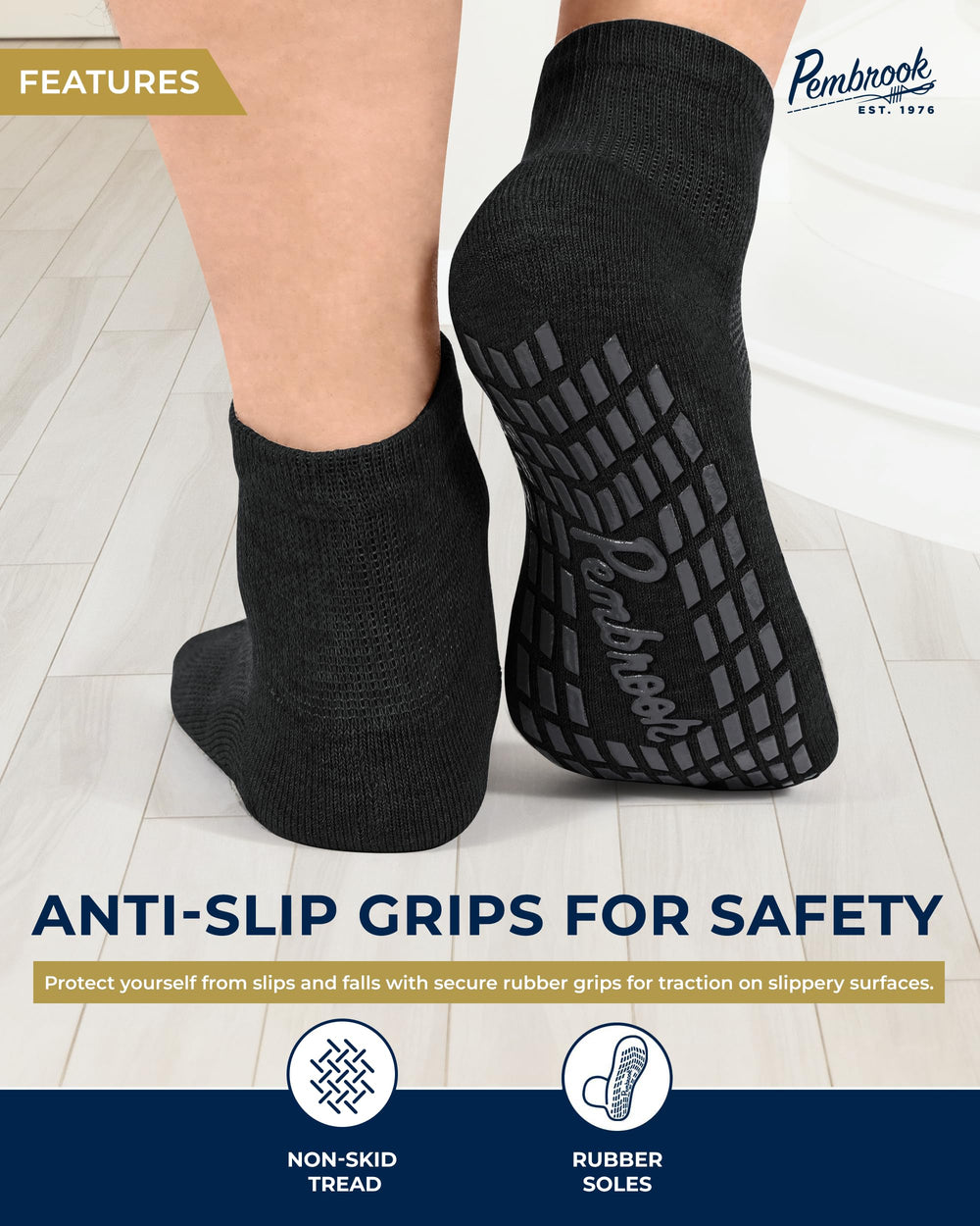 Pembrook diabetic socks non-slip grip sole for stability on slick floors.