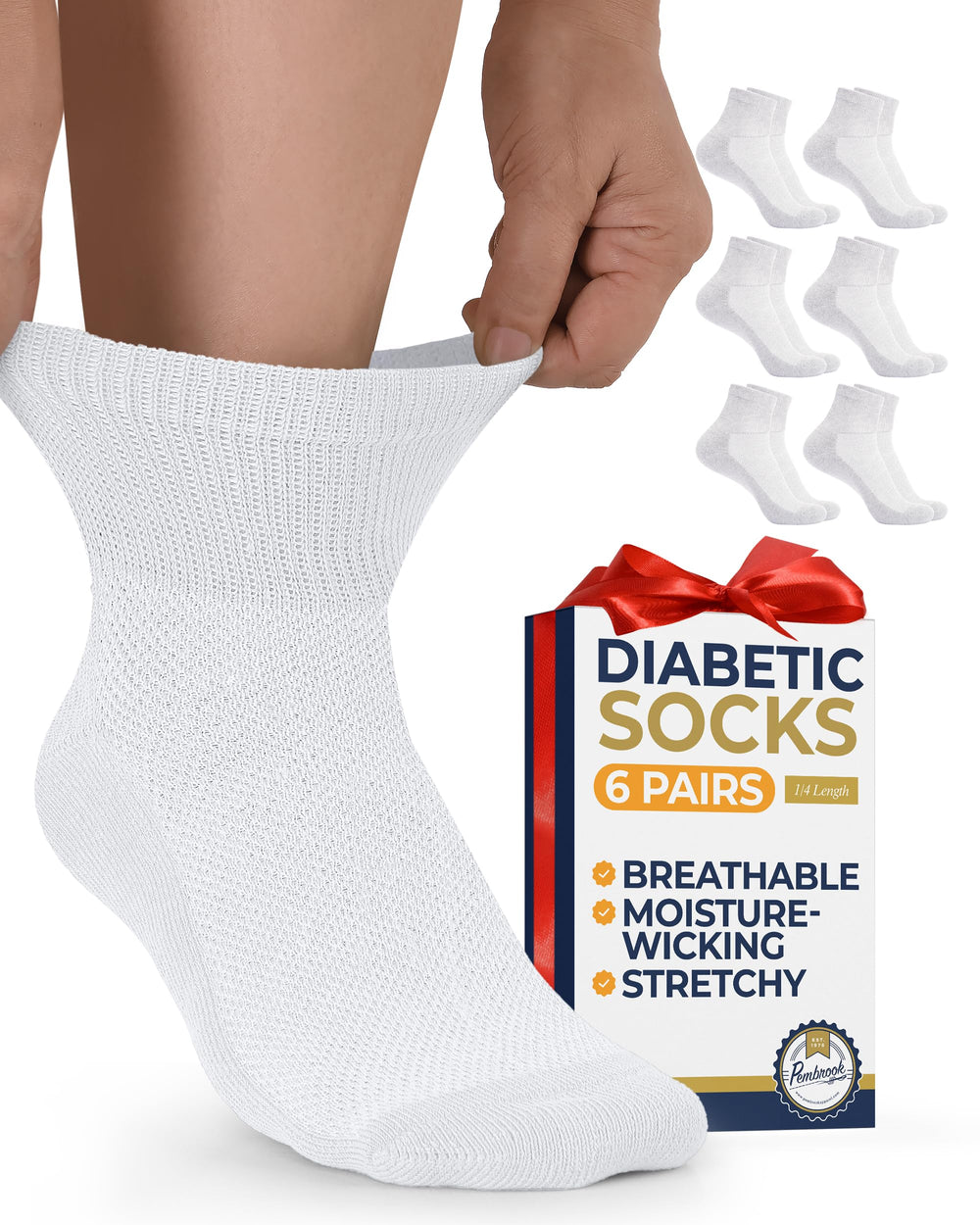Pembrook white diabetic socks six-pair pack with wide-stretch tops for comfortable daily wear.