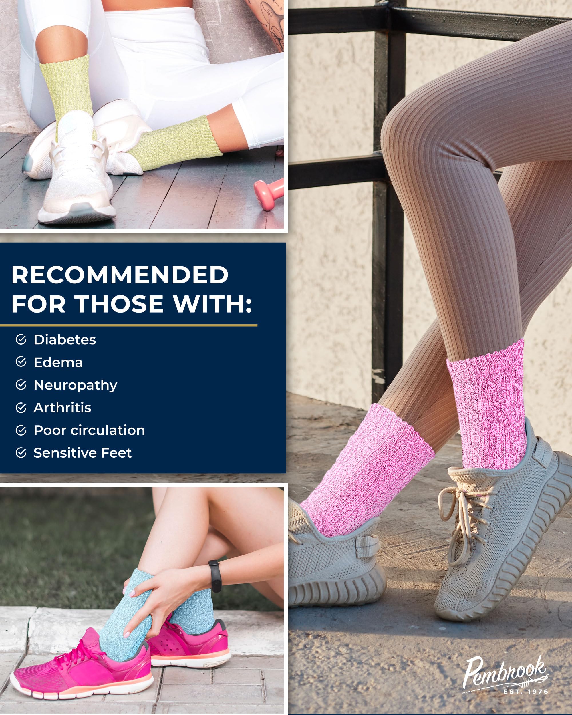 Pembrook smooth toe seams provide soothing comfort for sensitive feet.