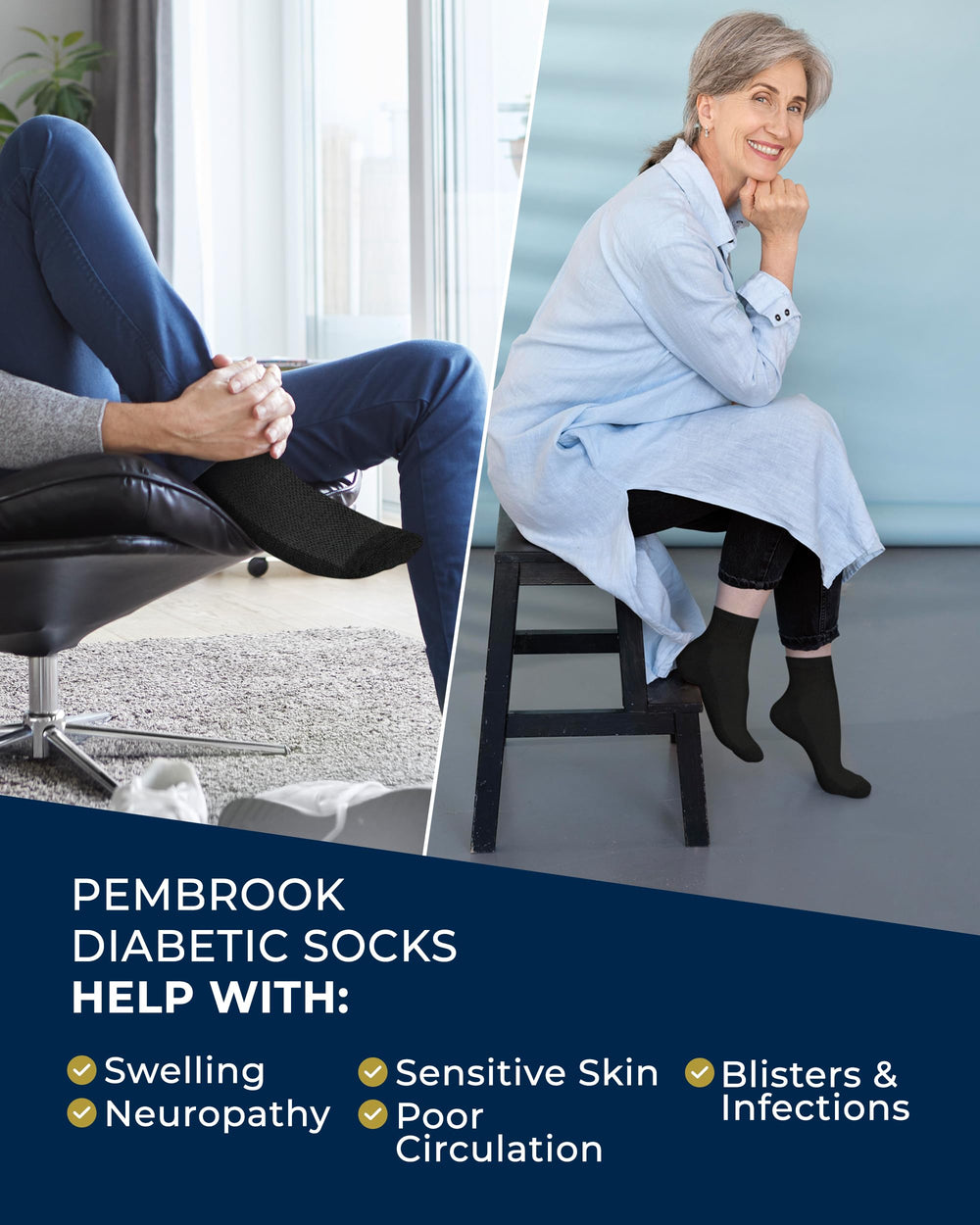 Pembrook diabetic socks with smooth toe seams reduce irritation during activities.