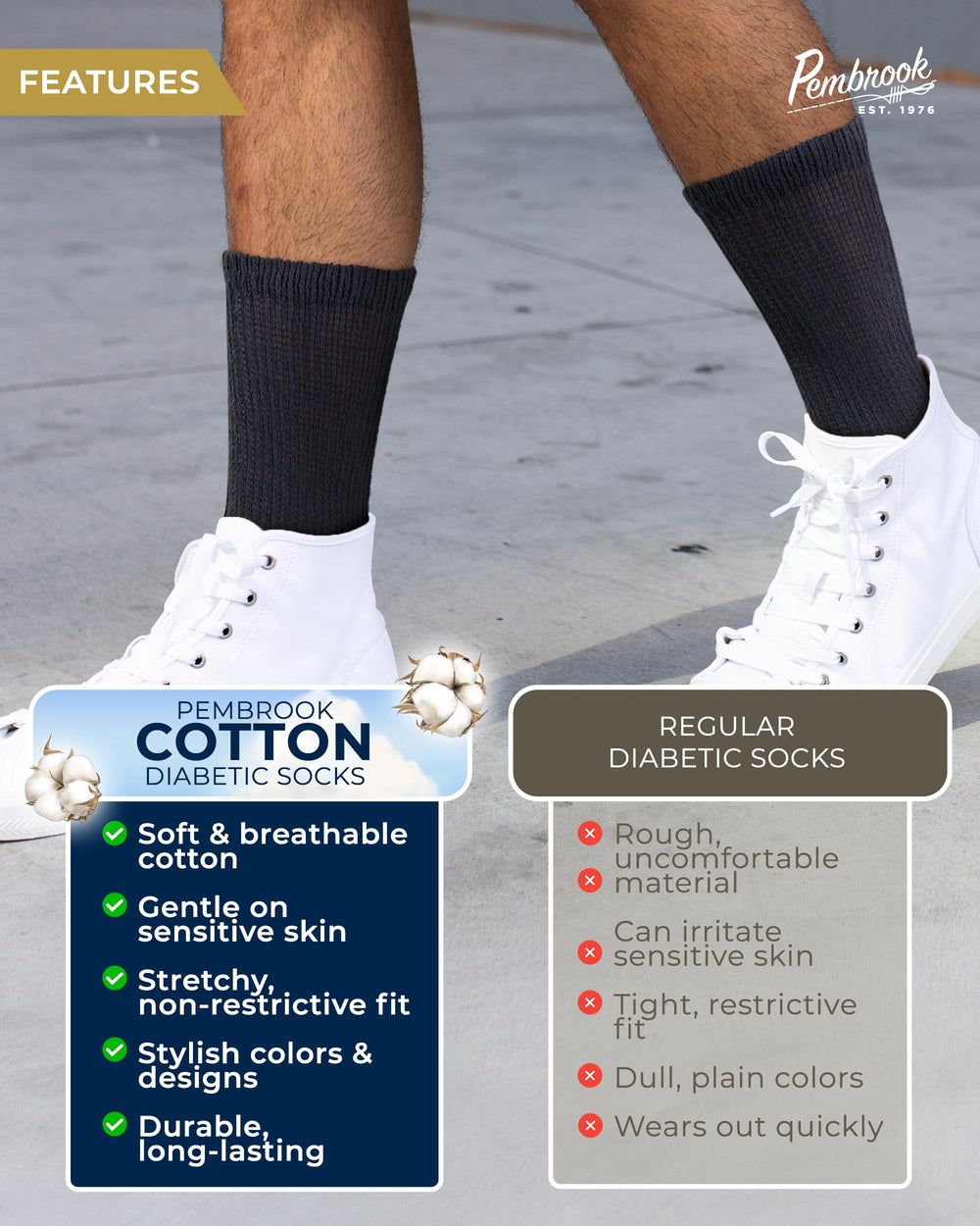 Pembrook diabetic socks with smooth toe seams for gentle, irritation-free wear