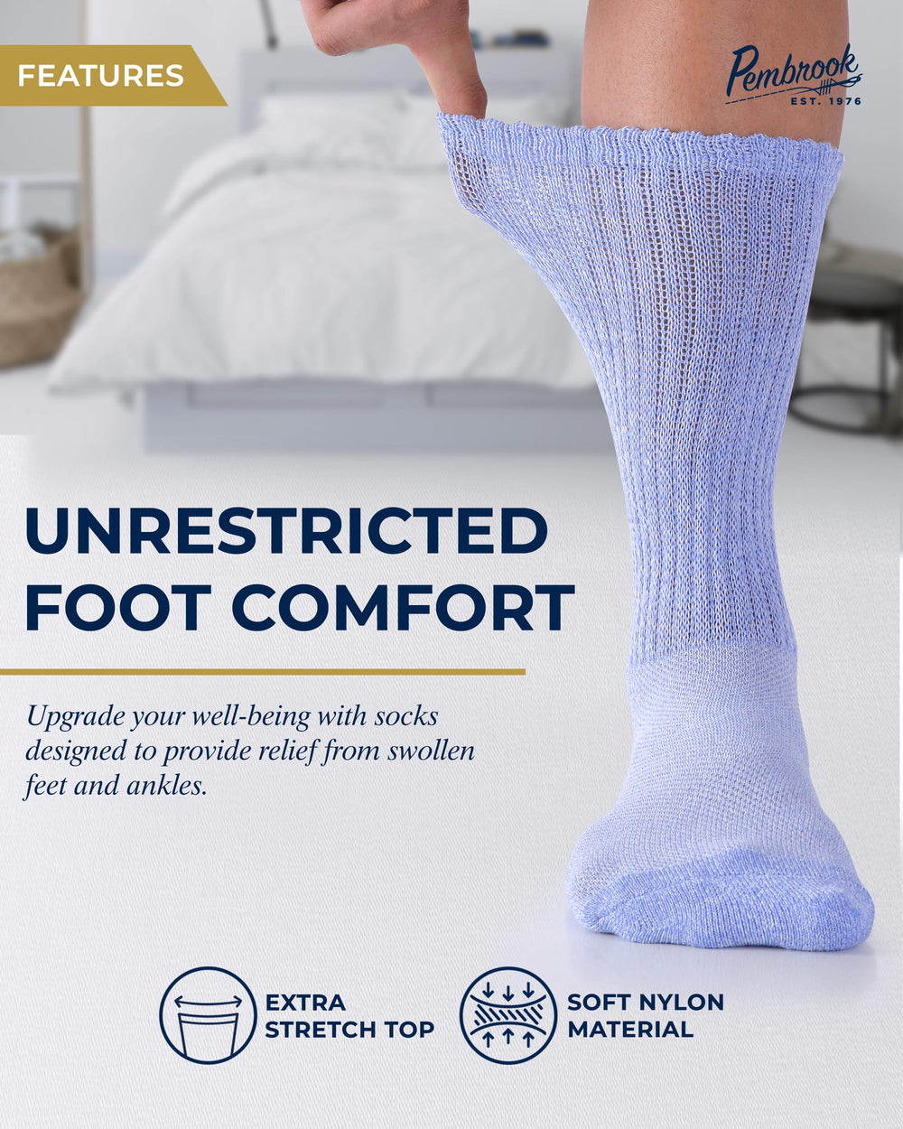 Pembrook diabetic socks in soft-knit fabric provide gentle, comfortable all-day wear.