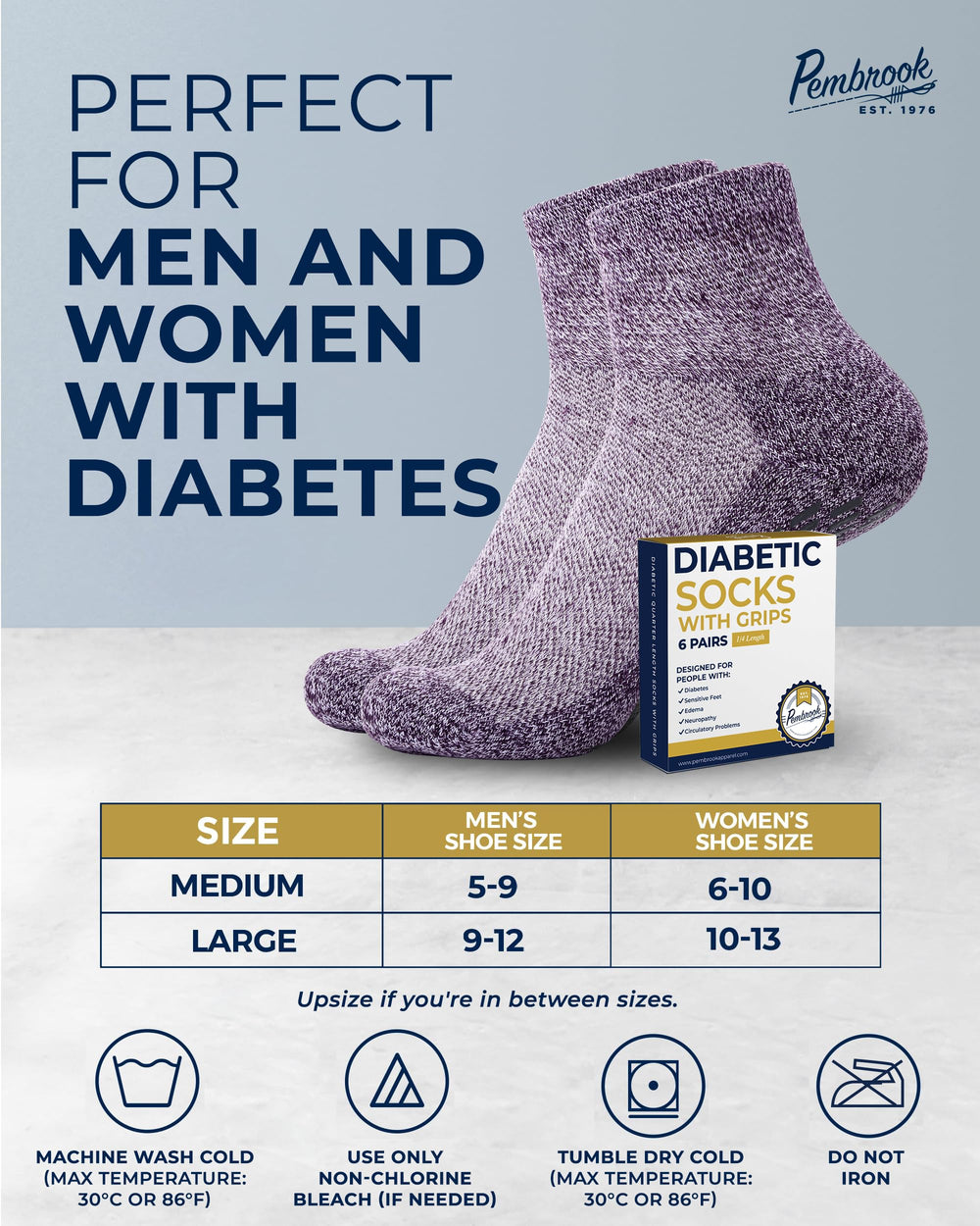 Pembrook diabetic socks with stays-up design prevent bunching at the ankle.