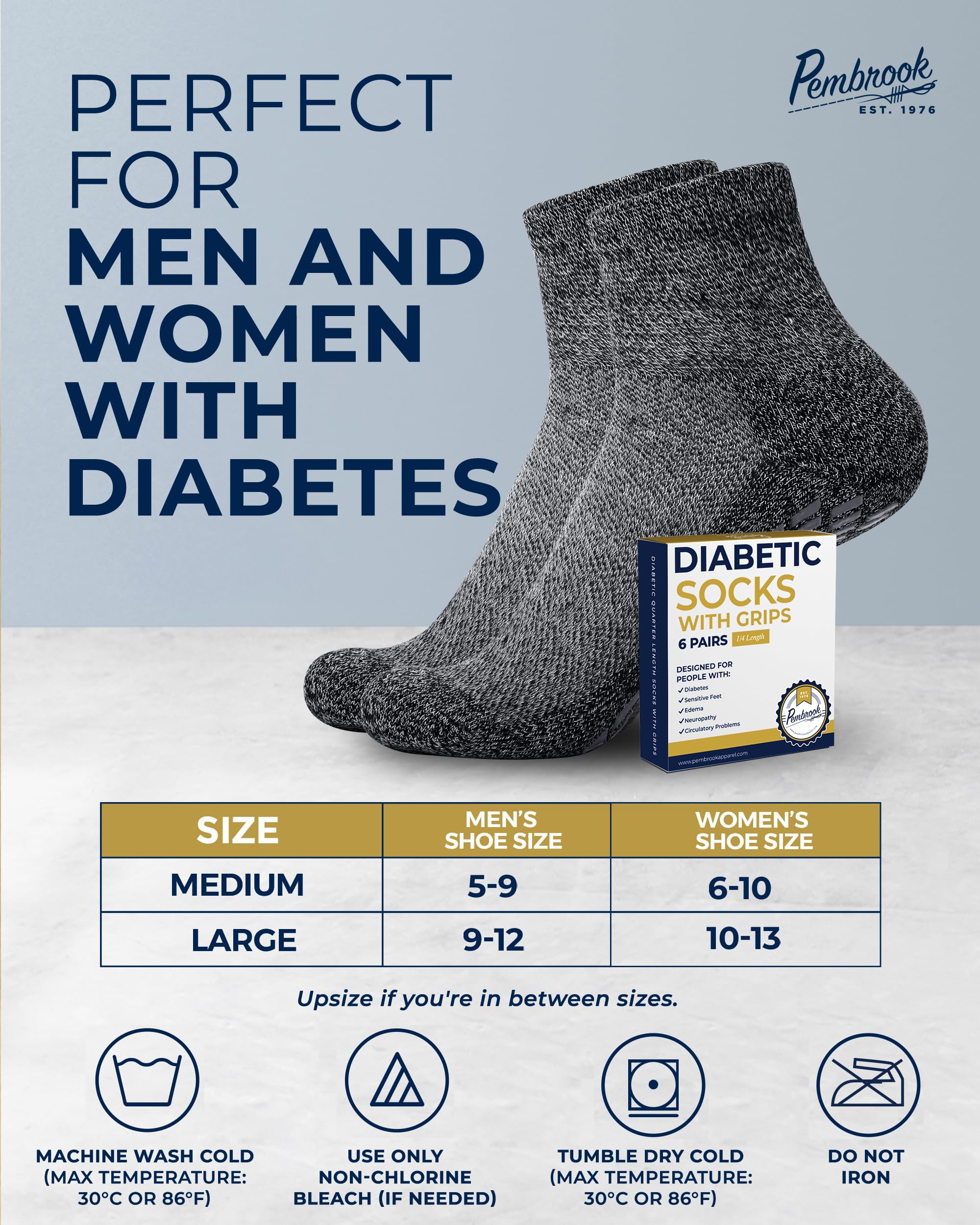 Pembrook diabetic socks available in multiple sizes for men and women.