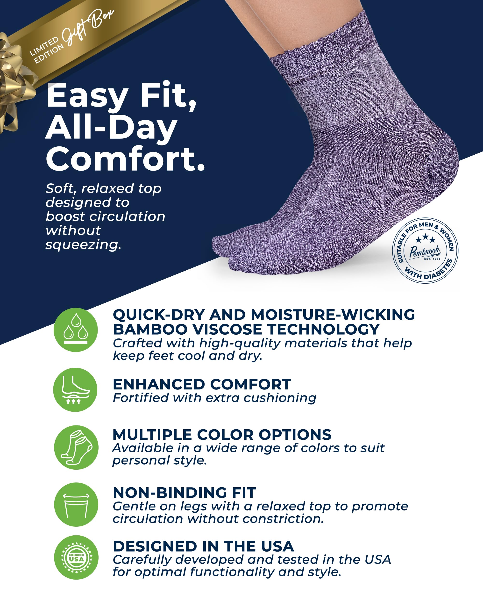 Pembrook diabetic socks wide calf close-up showing non-binding top for easy wear.