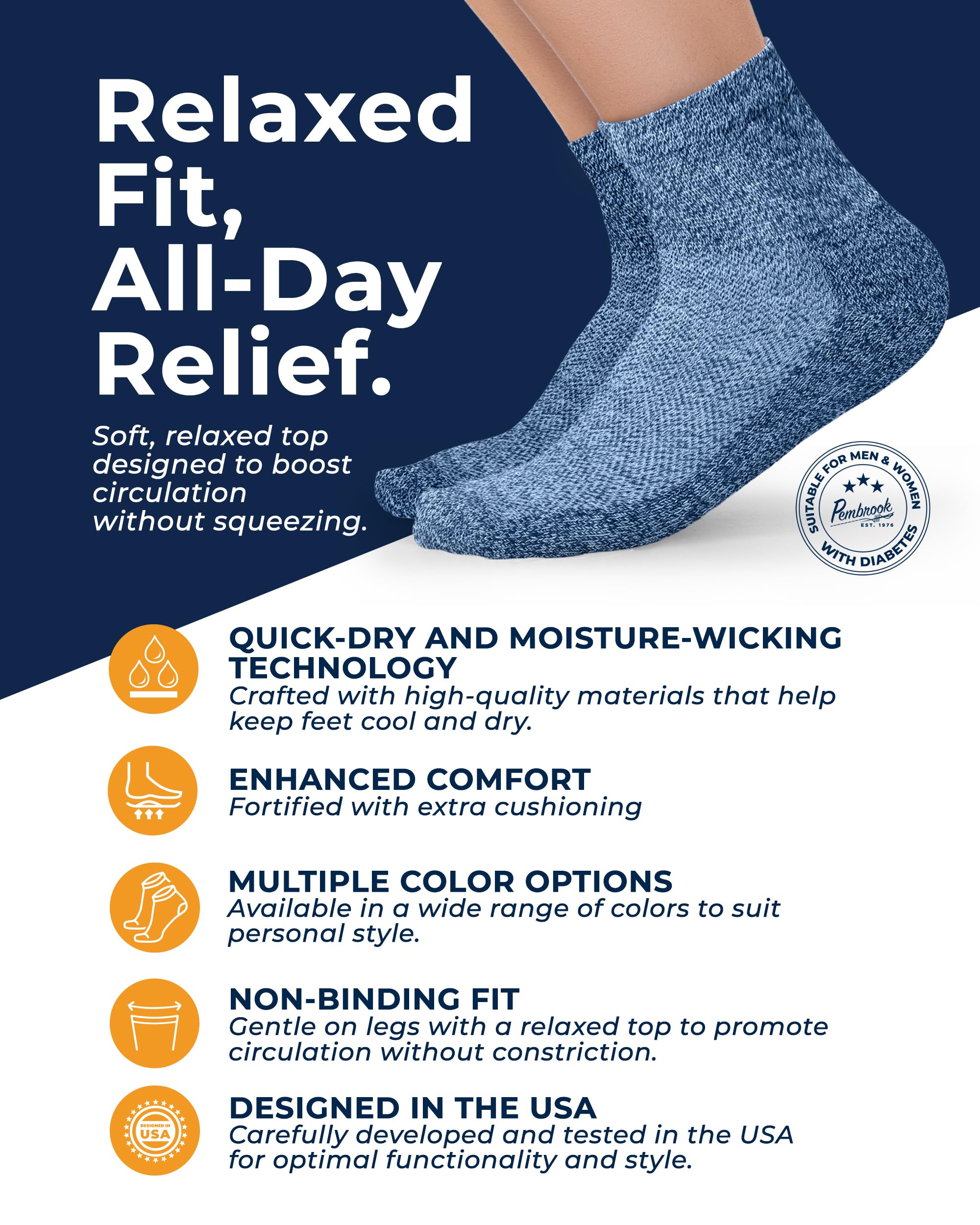 Pembrook wide-calf diabetic socks offer generous stretch for swollen feet and secure fit.