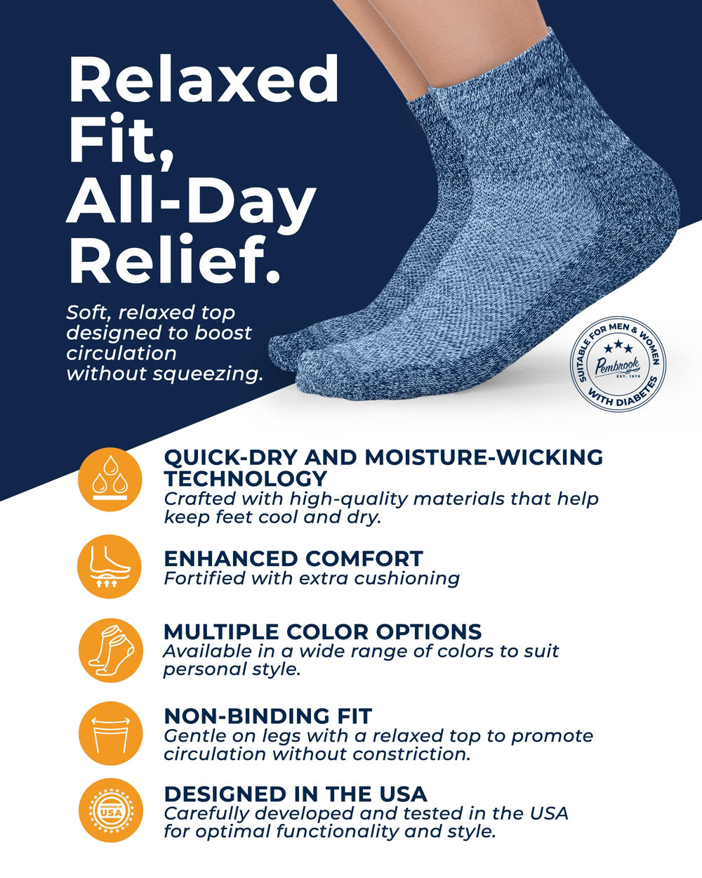 Pembrook wide-calf diabetic socks offer generous stretch for swollen feet and secure fit.