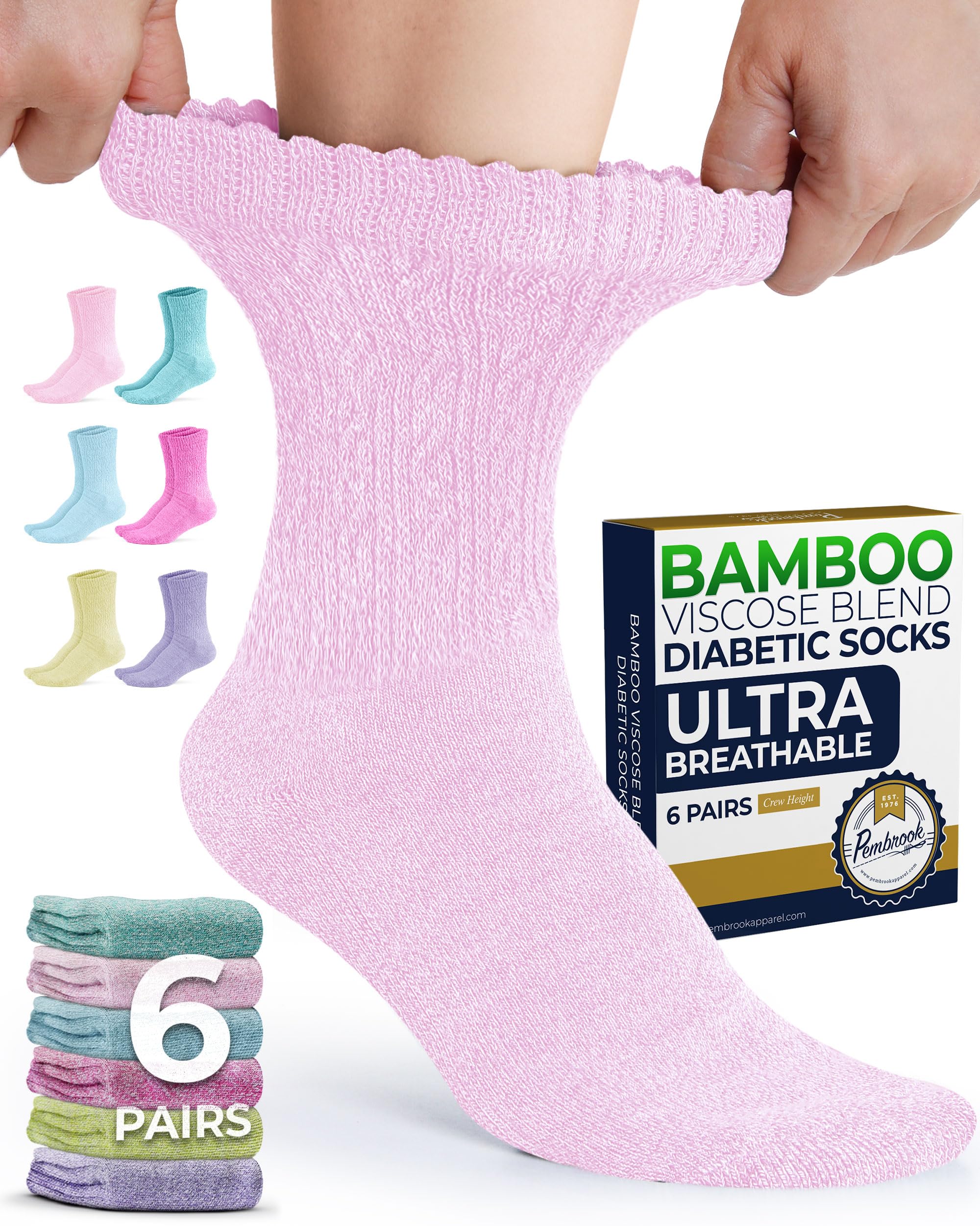Pembrook diabetic socks for women pack shot showing six pastel colors for everyday comfort.