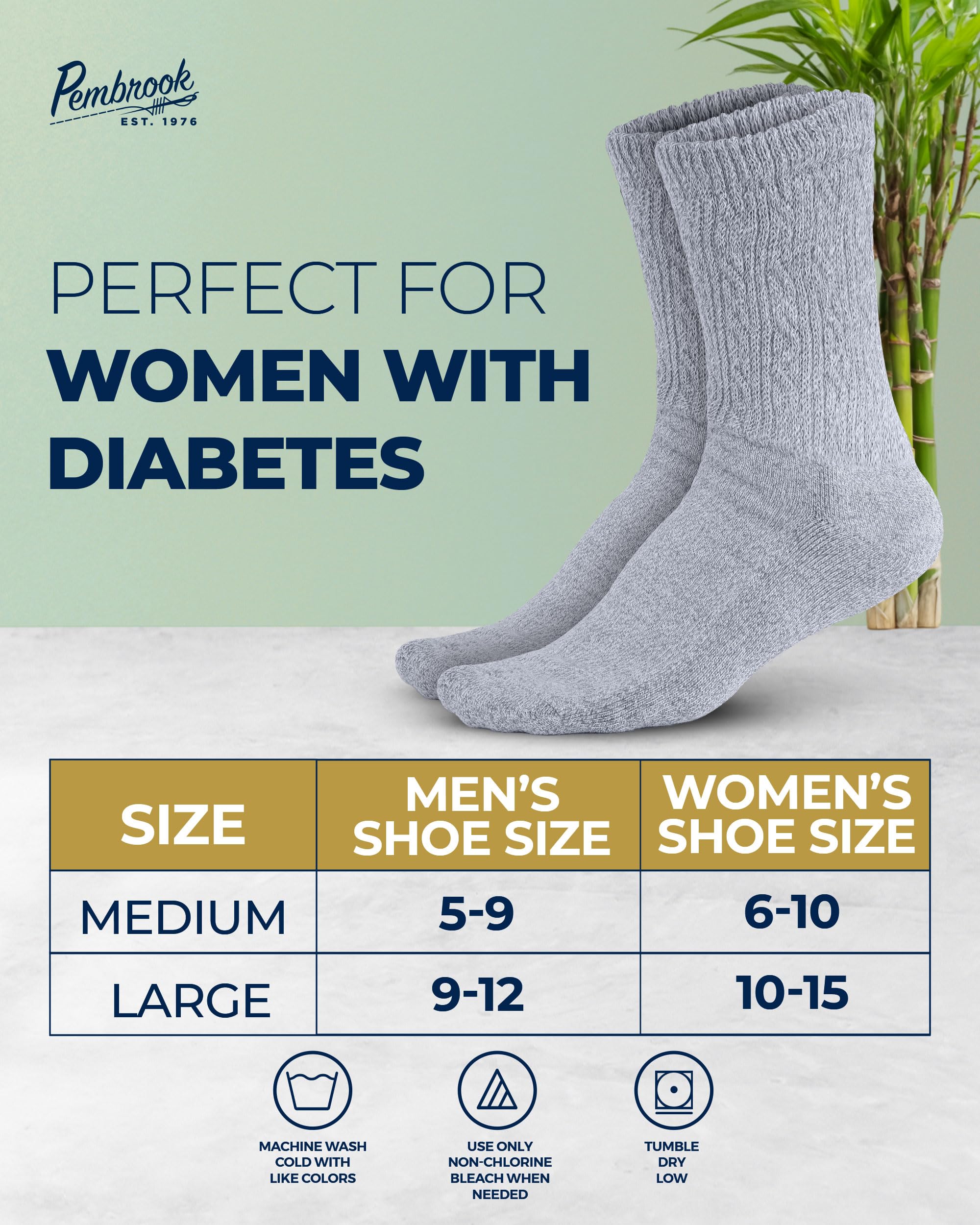 Pembrook women's diabetic socks available in sizes 6–15 with easy care.