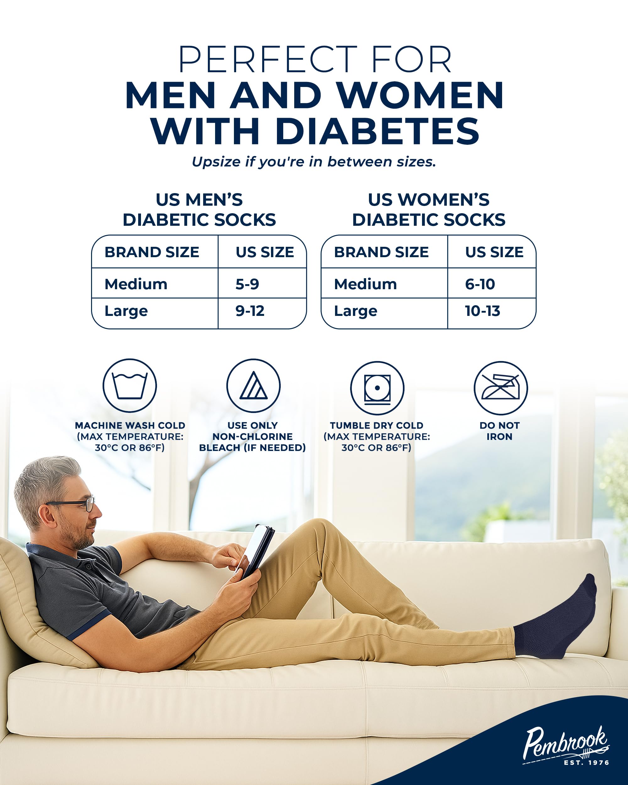 Pembrook machine-washable diabetic socks offer easy care for busy days.