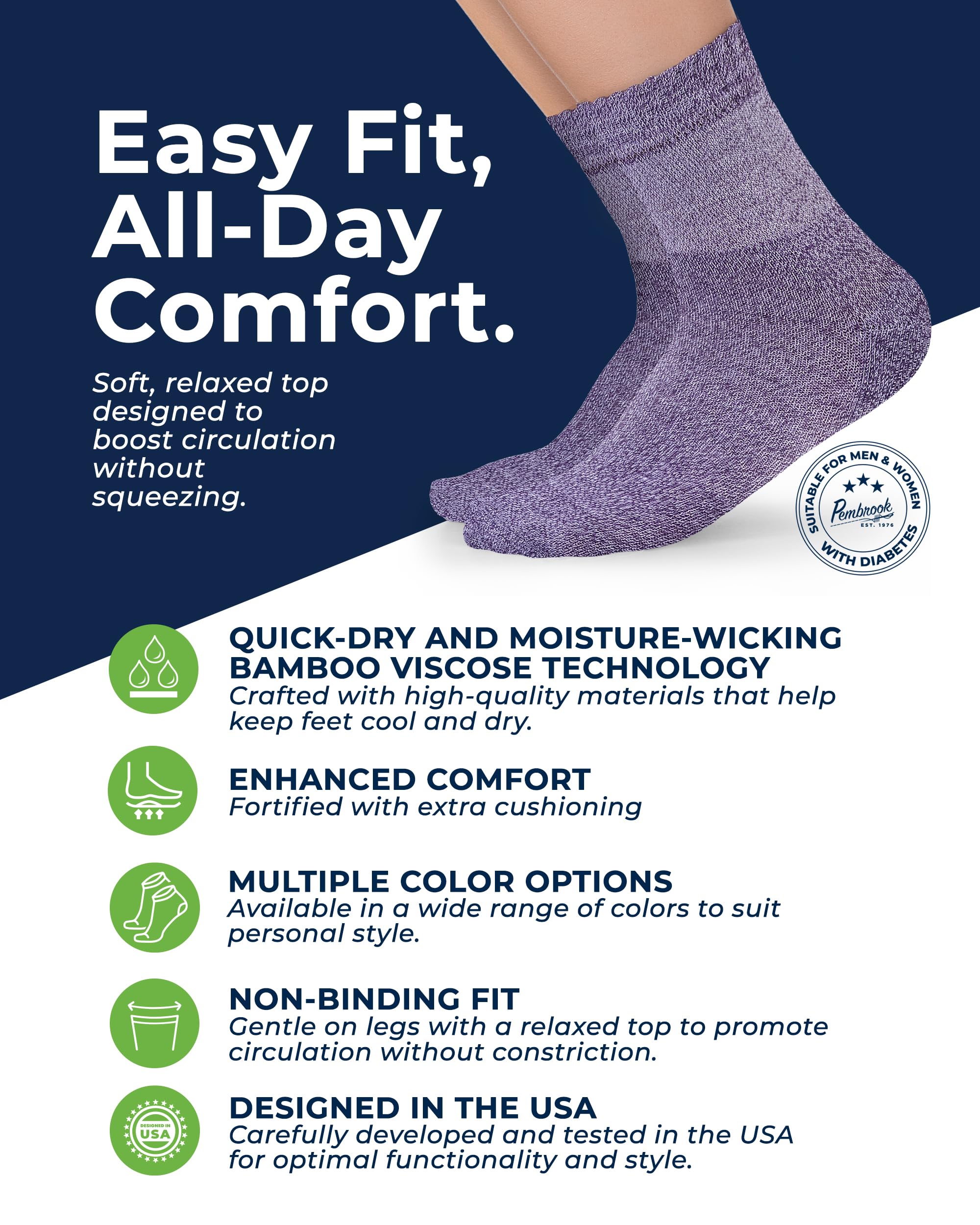 Pembrook seamless diabetic socks for both genders with no elastic for comfort.