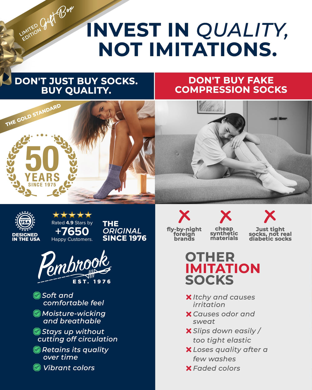 Pembrook seamless diabetic socks on a foot during light activity.
