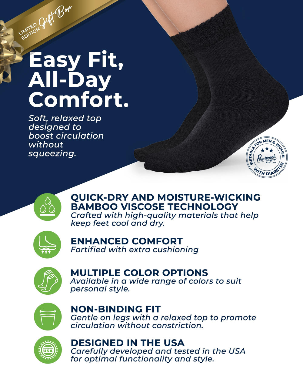 Pembrook seamless toe diabetic socks for women