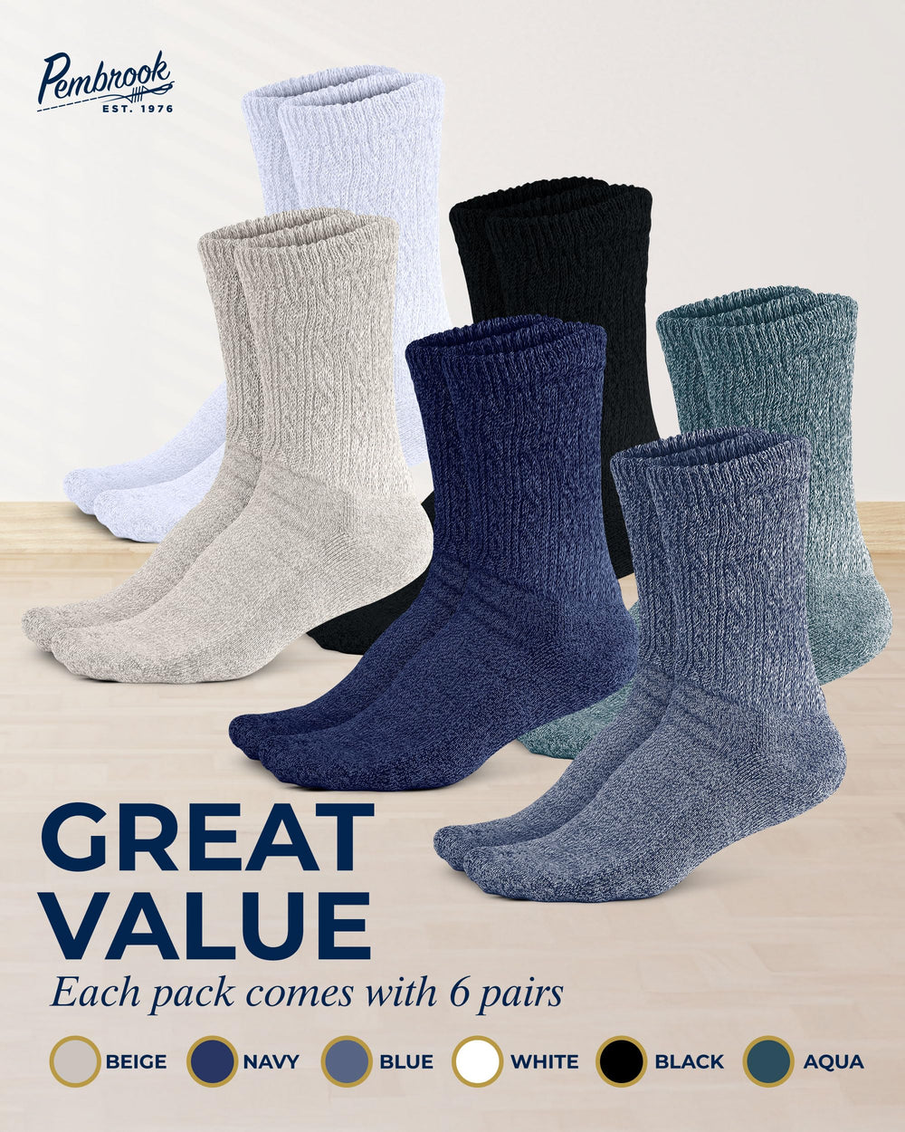 Pembrook color-variety six-pack diabetic socks for versatile styling