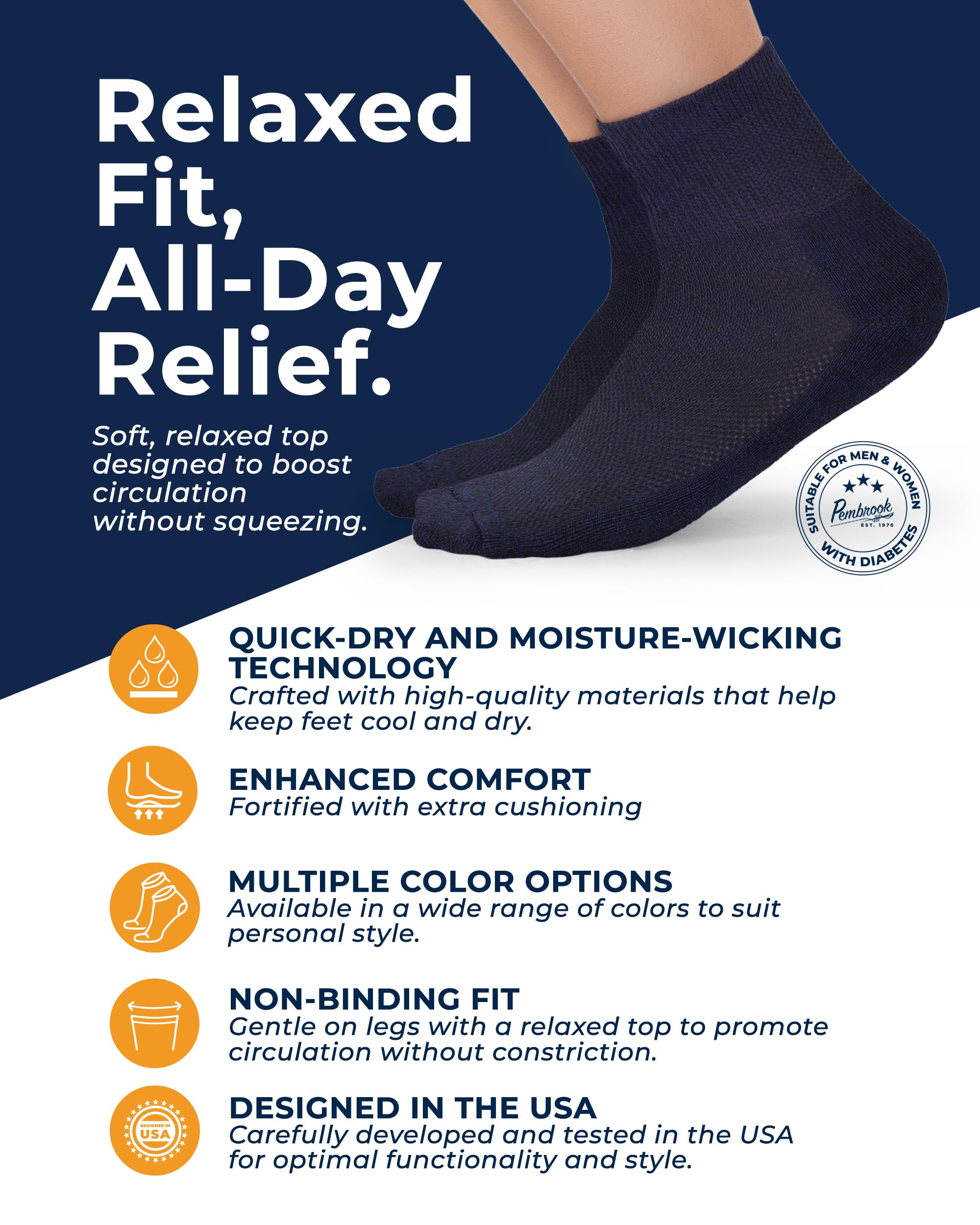 Pembrook wide non-binding quarter length socks designed for swelling-friendly wear.