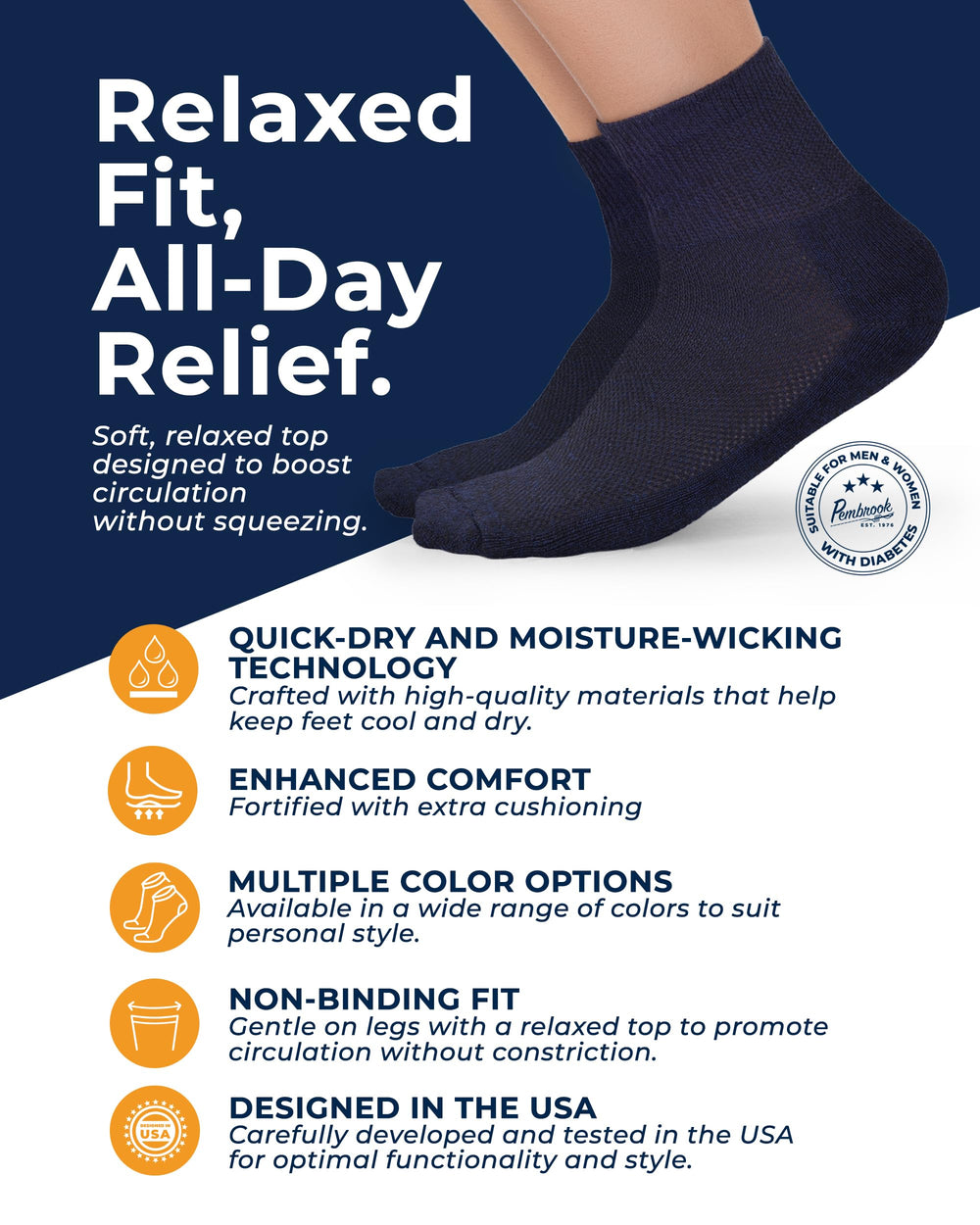 Pembrook wide non-binding quarter length socks designed for swelling-friendly wear.