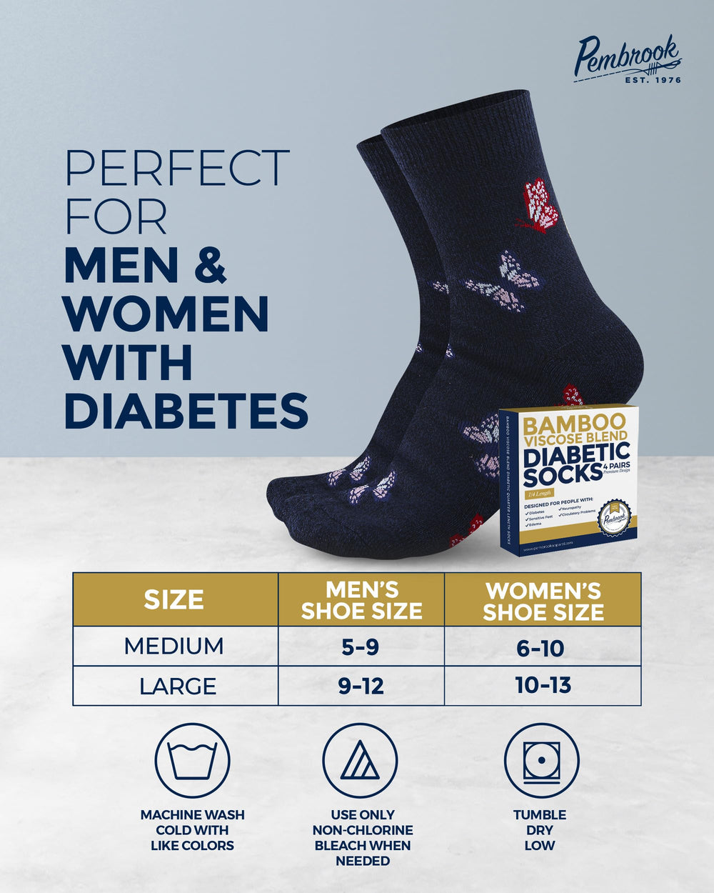 Pembrook wide-top diabetic socks, easy care and non-binding fit.