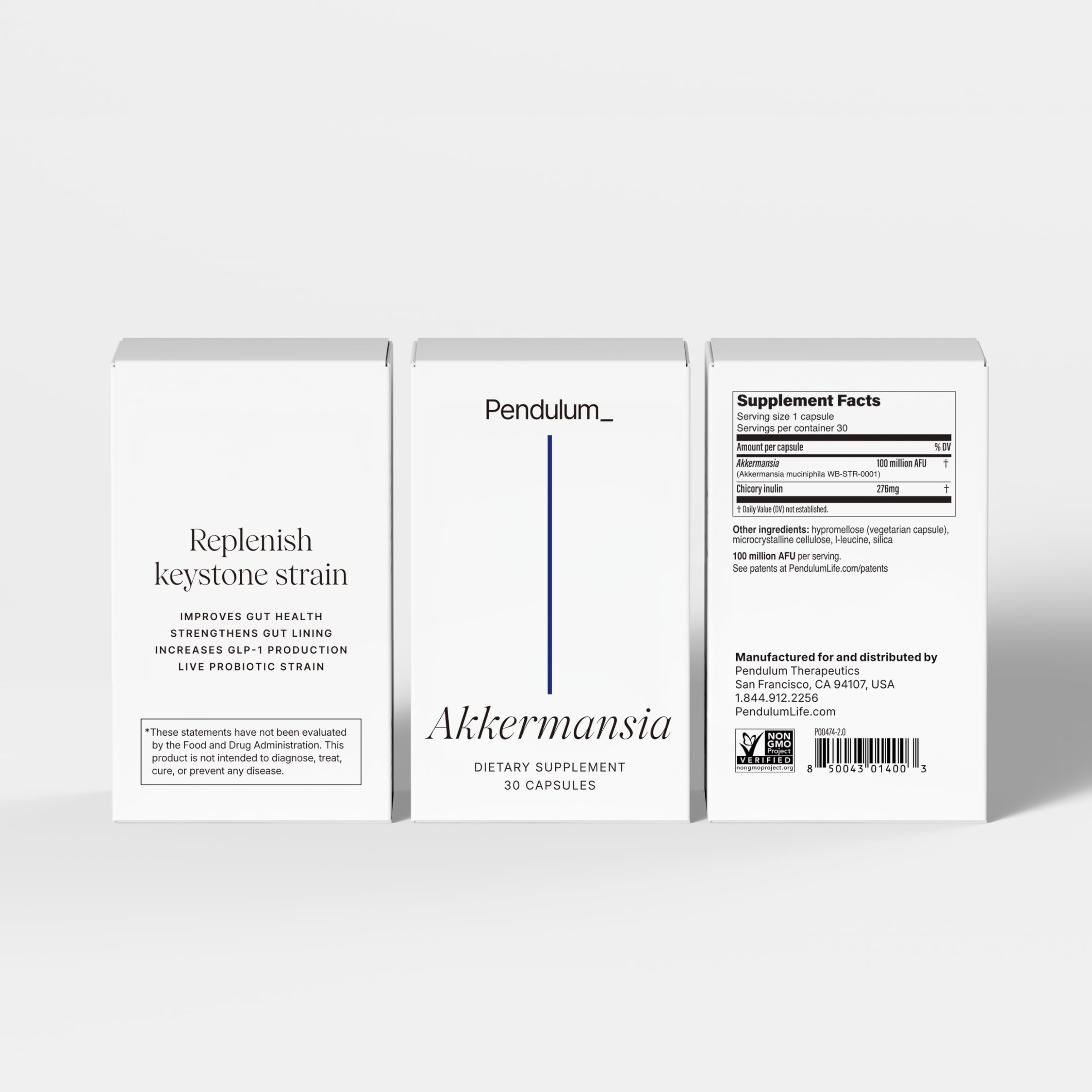 Pendulum Akkermansia non-GMO ingredients listed on packaging.