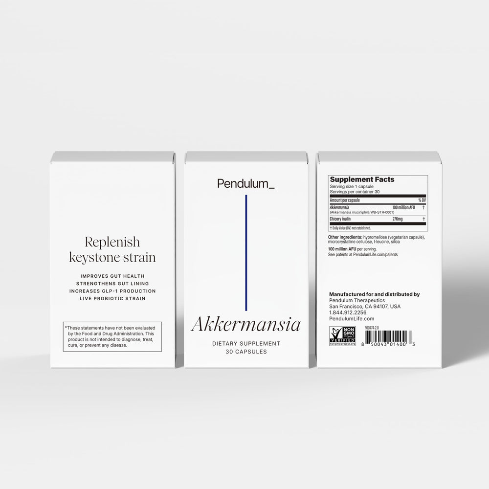 Pendulum Akkermansia non-GMO ingredients listed on packaging.