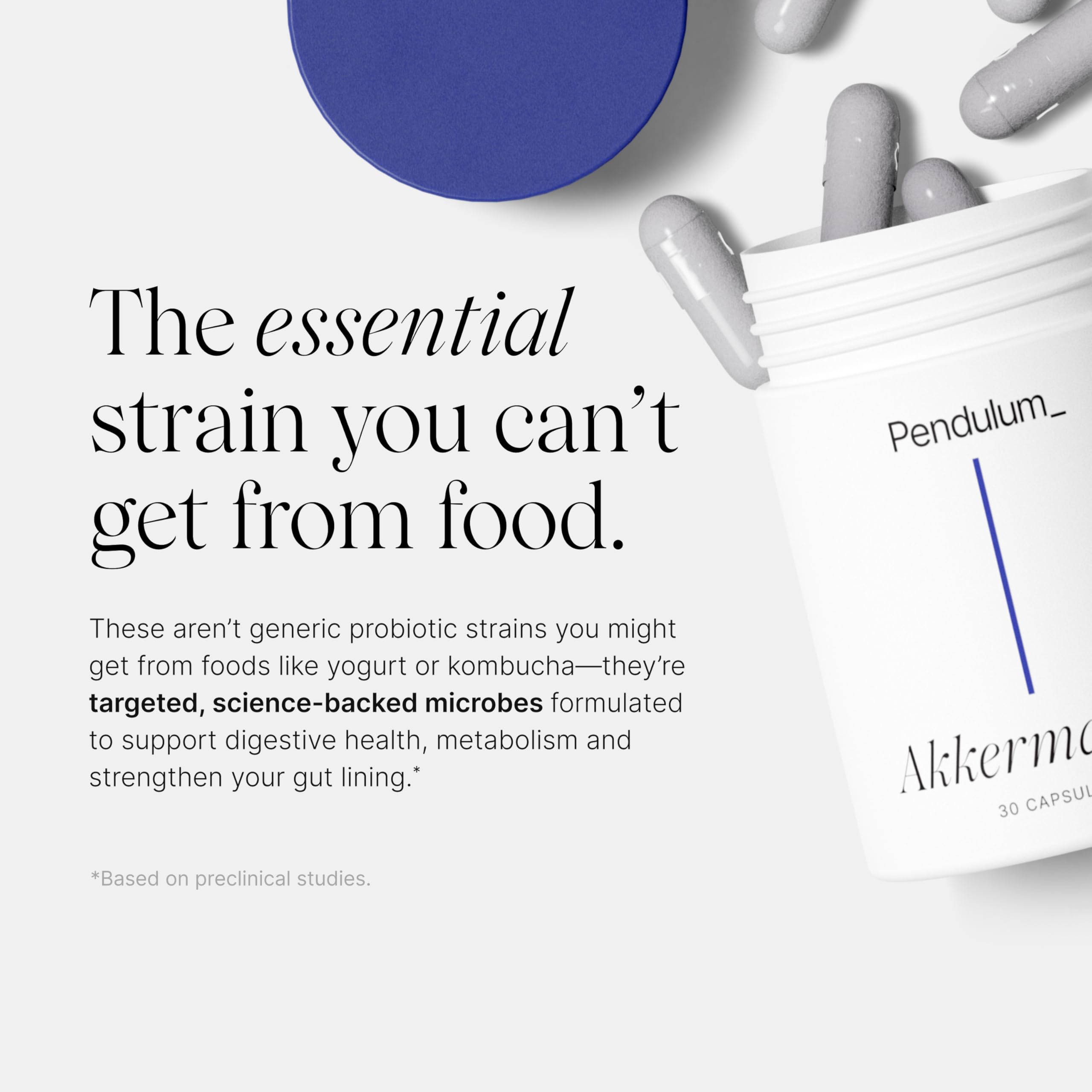 Pendulum Akkermansia with prebiotic fiber image suggests synergy for gut balance.
