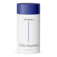 Pendulum Akkermansia probiotic bottle front with capsules and branding.