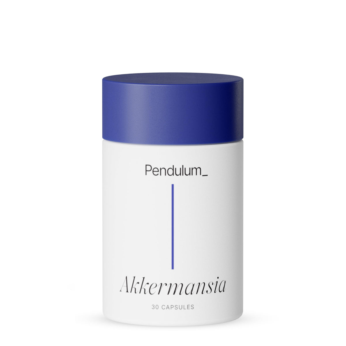 Pendulum Akkermansia probiotic bottle packshot highlights 30 capsules for daily gut support.