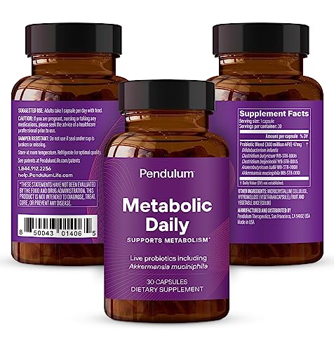 Pendulum Metabolic Daily bottle label close-up highlighting Akkermansia live strains for gut balance