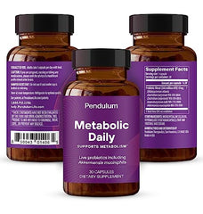 Pendulum Metabolic Daily bottle label close-up highlighting Akkermansia live strains for gut balance