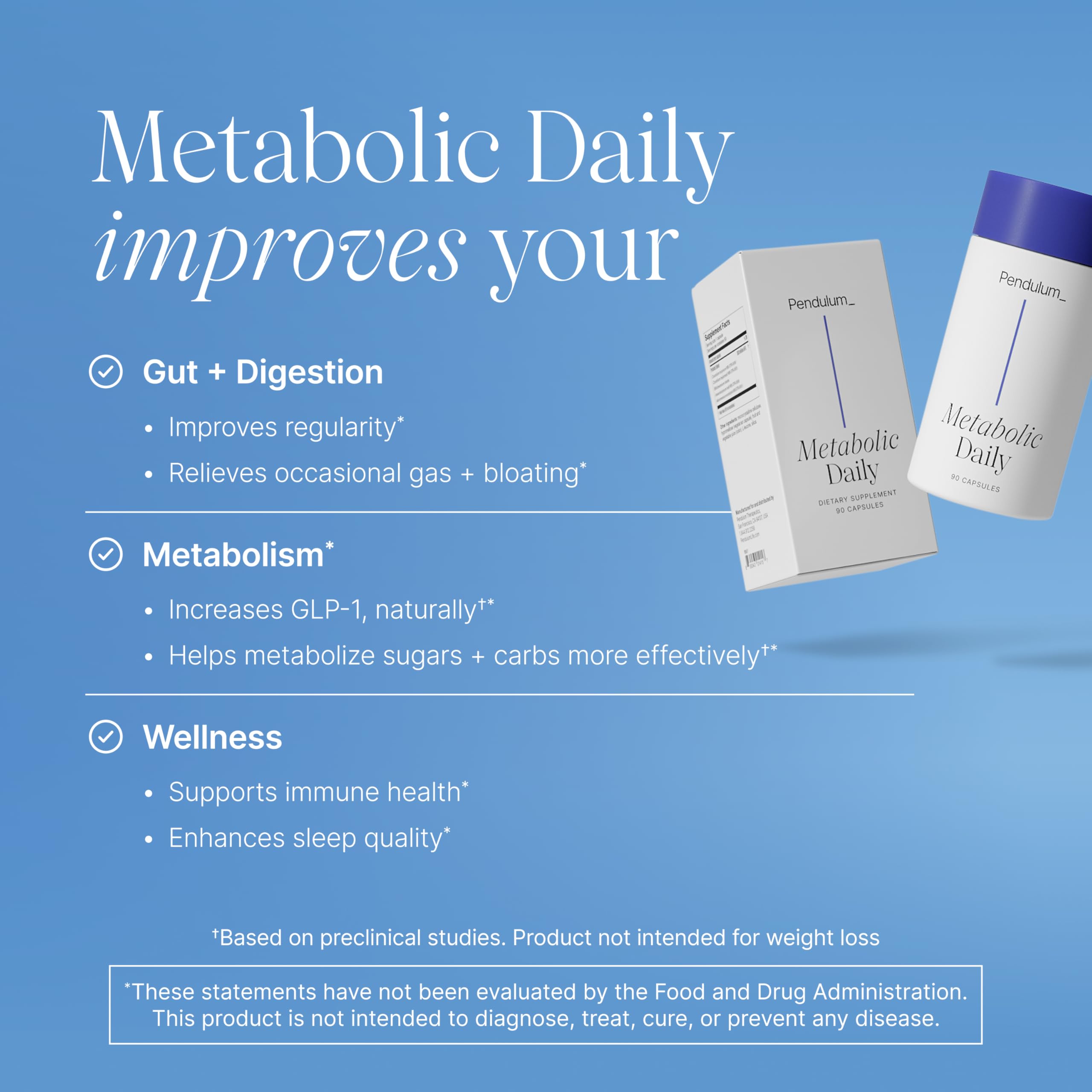 Pendulum Metabolic Daily bottle label lists five strains for metabolism