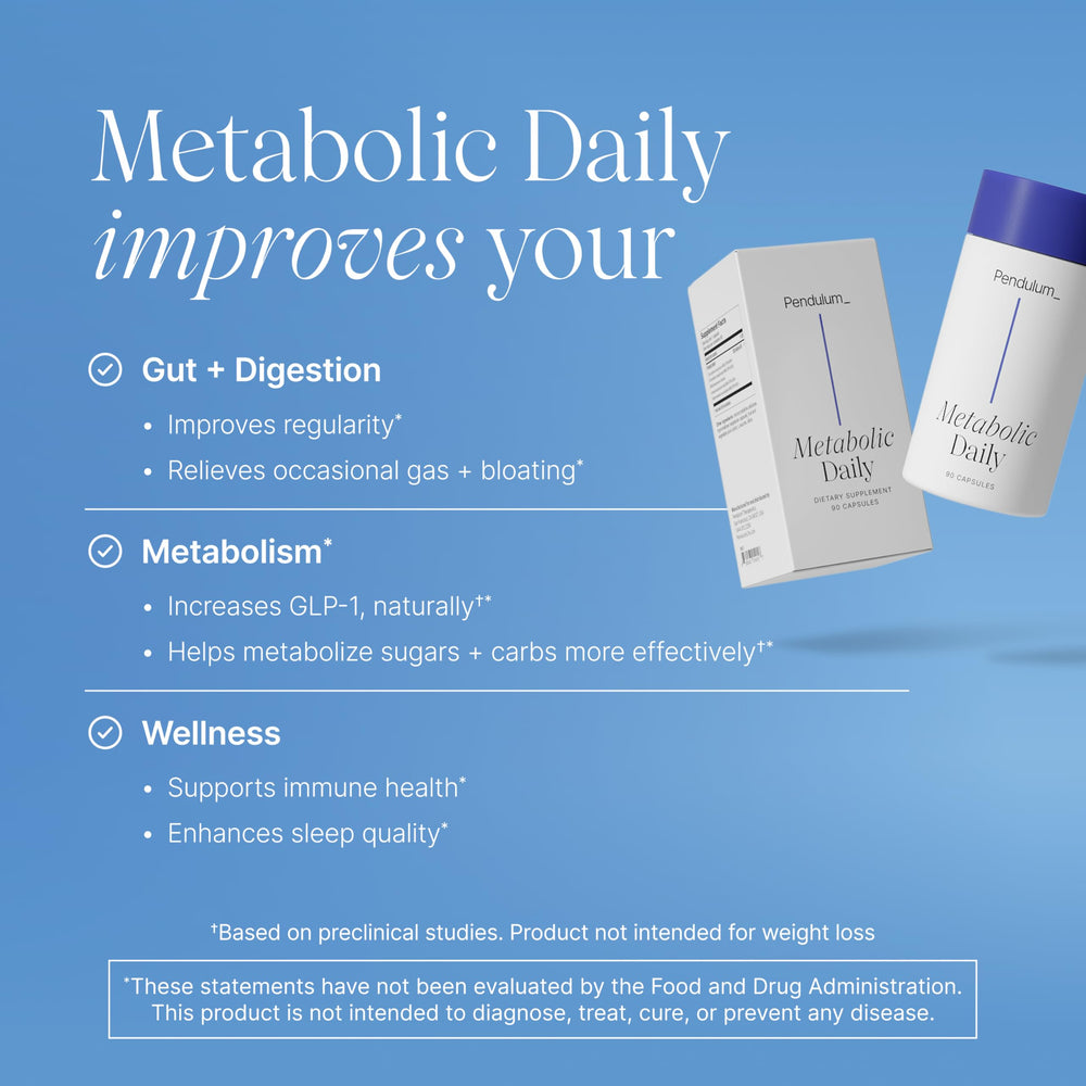 Pendulum Metabolic Daily bottle label lists five strains for metabolism