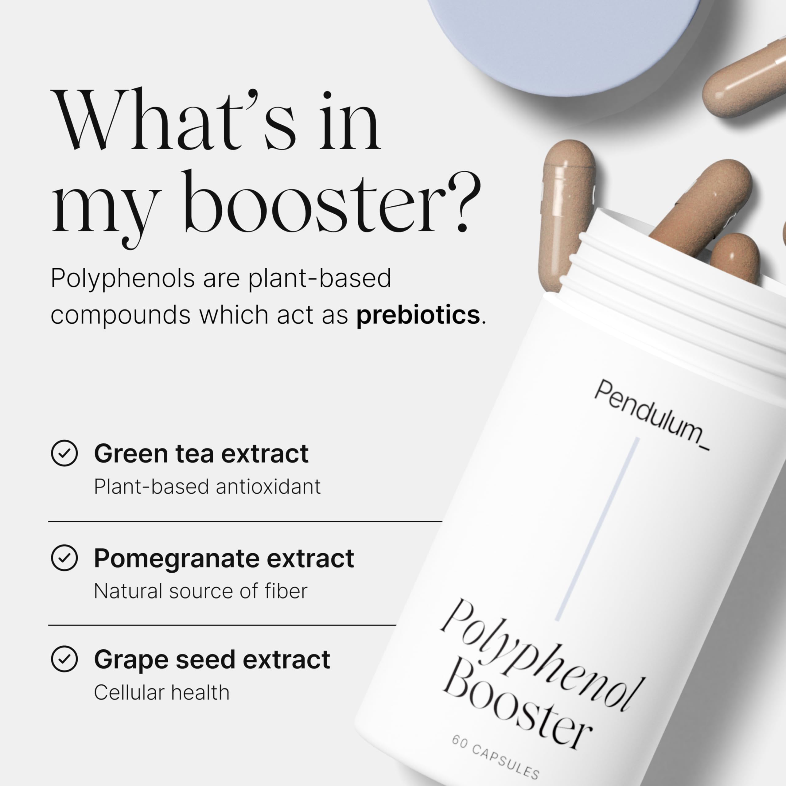Pendulum Polyphenol Booster capsules in hand show portable gut health support