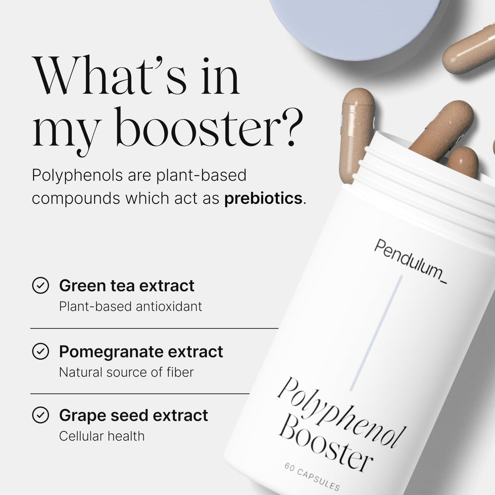 Pendulum Polyphenol Booster capsules in hand show portable gut health support