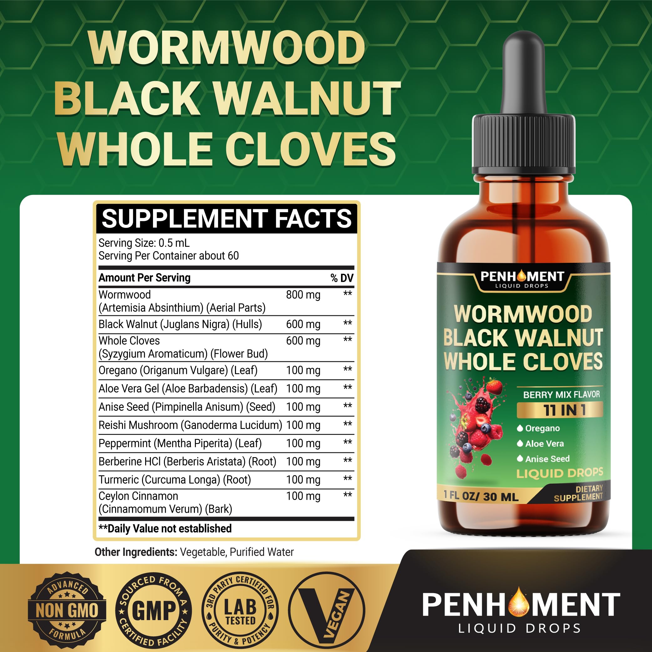 Penhoment ingredients label highlights the 10 in1 formula including wormwood and spices.