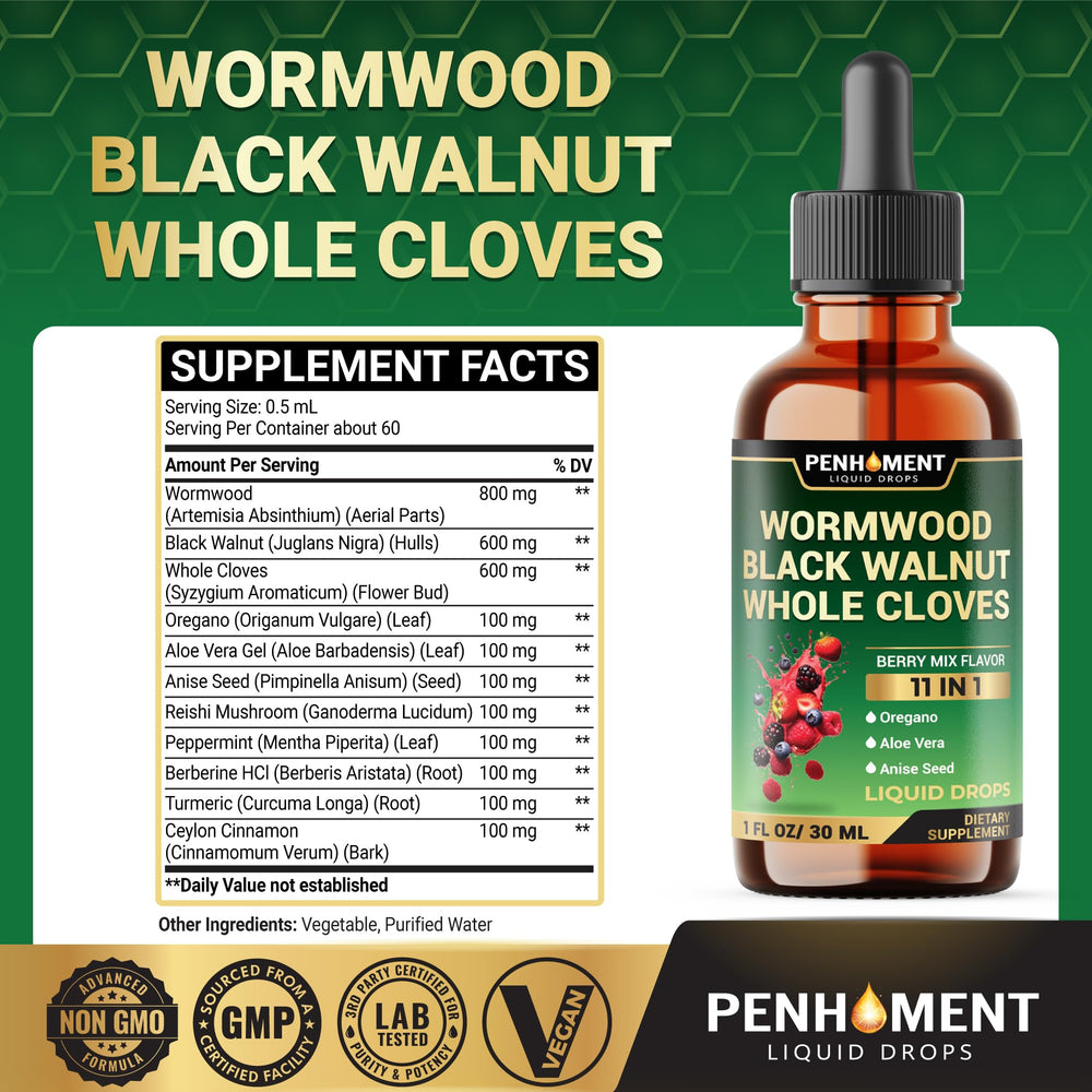 Penhoment ingredients label highlights the 10 in1 formula including wormwood and spices.