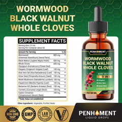 Penhoment ingredients label highlights the 10 in1 formula including wormwood and spices.