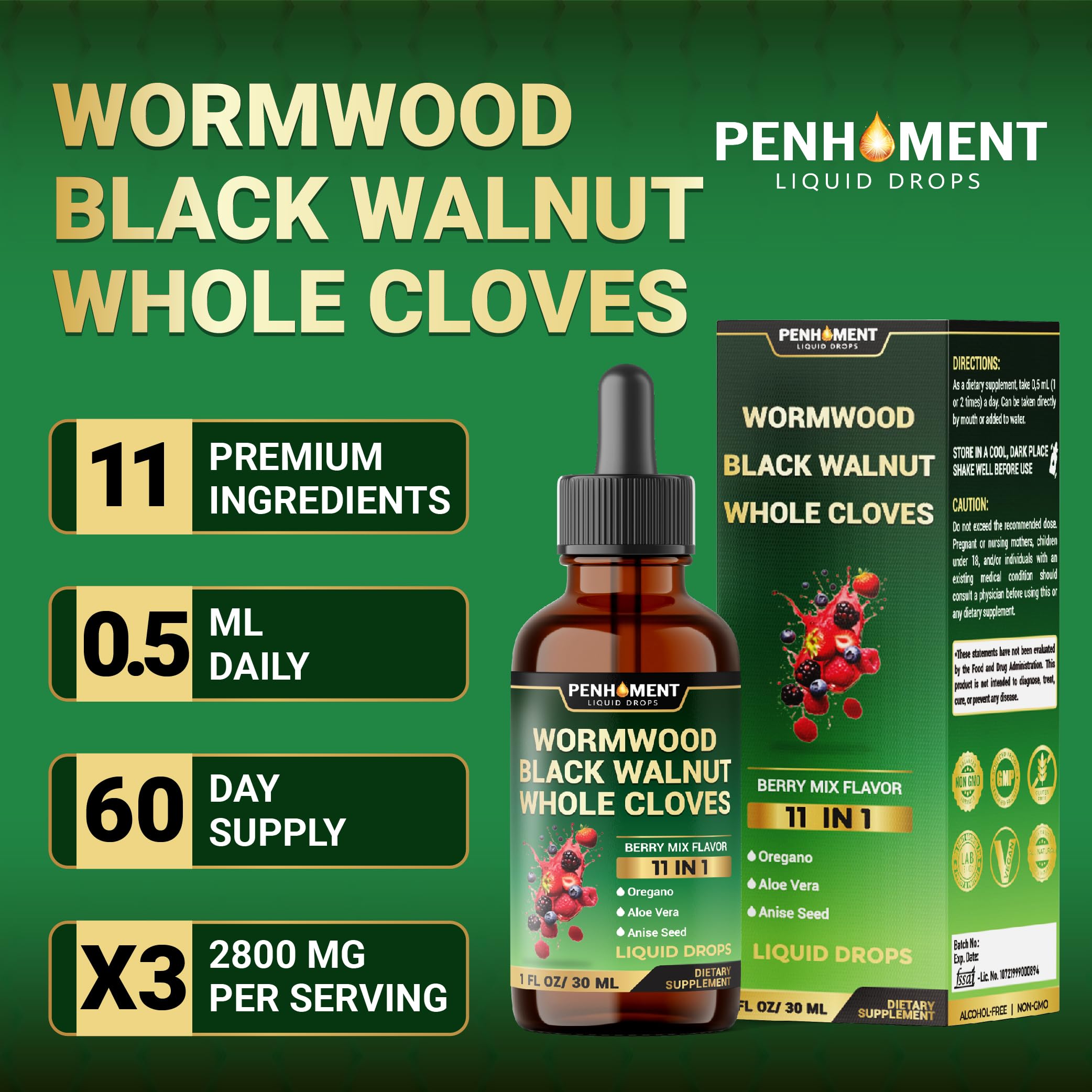 Penhoment CGMP-tested non-GMO certification badge is visible.
