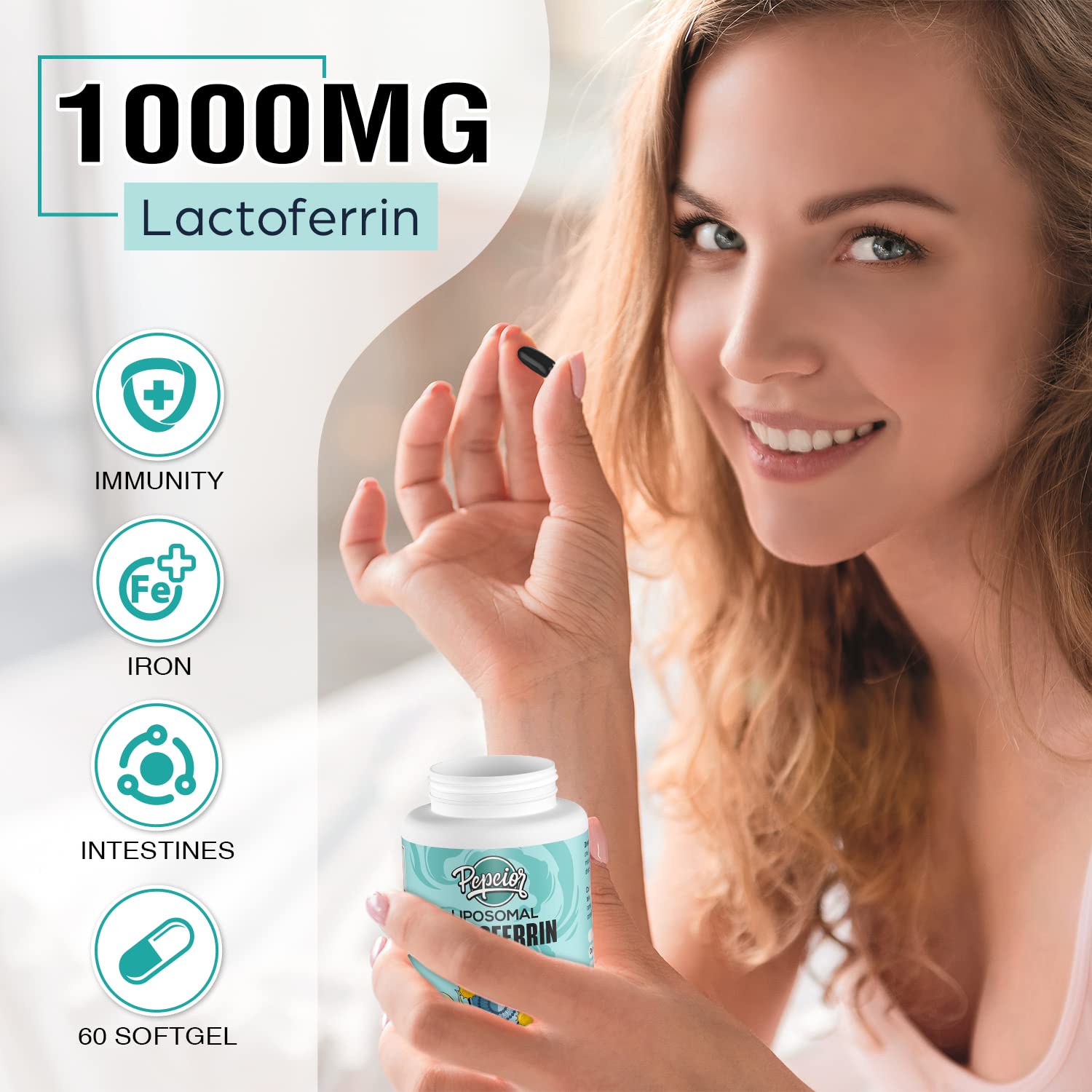 Pepeior liposomal lactoferrin bottle with glass of water suggesting easy daily intake.