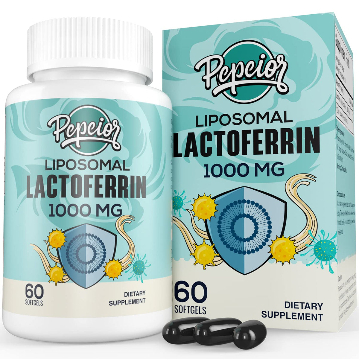 Pepeior liposomal lactoferrin bottle highlighting advanced absorption for better iron uptake.
