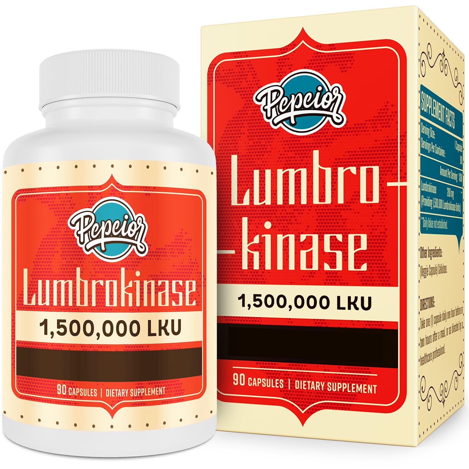 Pepeior Lumbrokinase bottle front for daily circulation support.