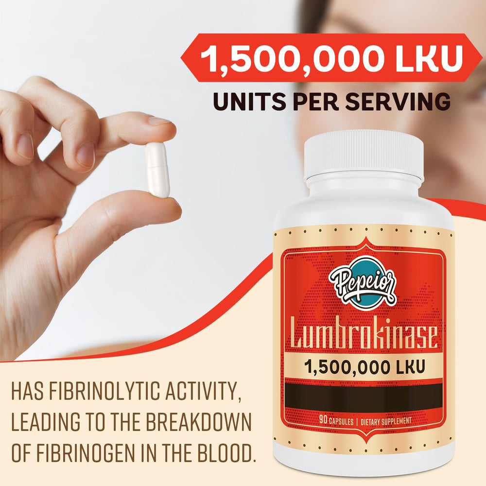 Pepeior Lumbrokinase bottle being poured for easy daily dosing.