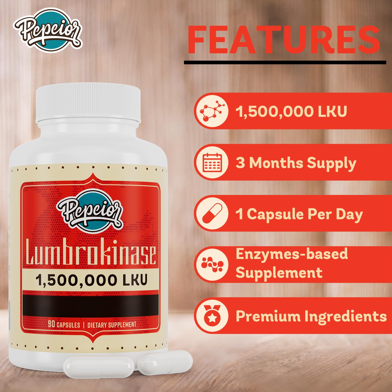 Pepeior Lumbrokinase capsules in a weekly pill organizer.