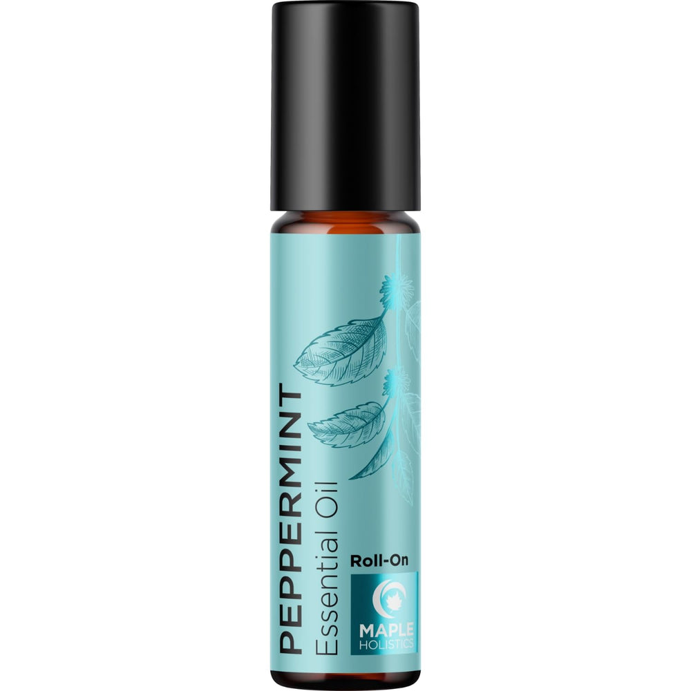 Maple Holistics peppermint oil roll-on on desk scene for focus boost