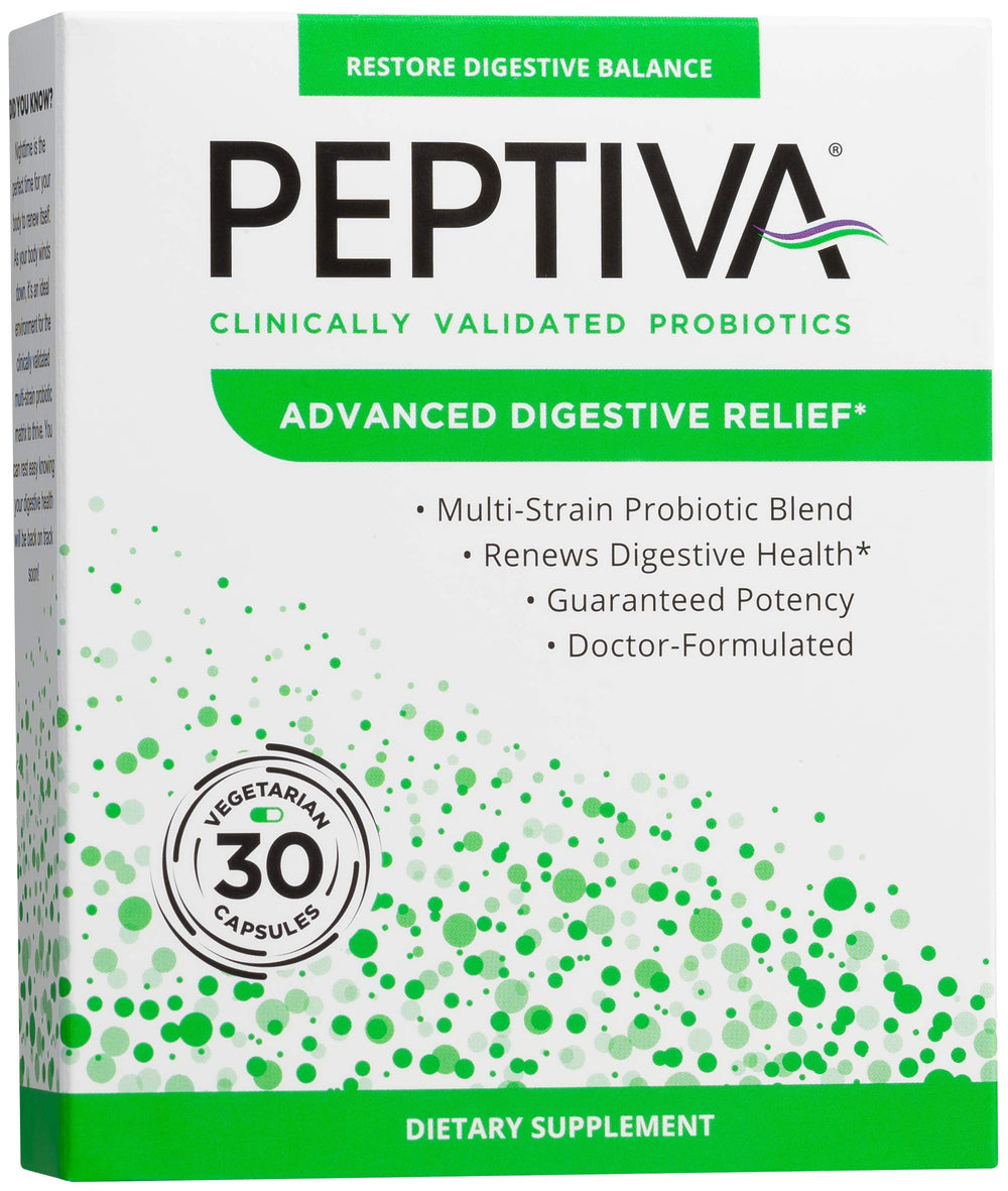 Peptiva Advanced 50 Billion CFU probiotic bottle for daily digestive support.